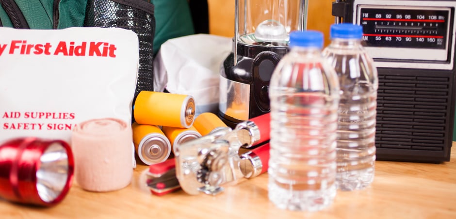 emergency supplies displayed on countertop