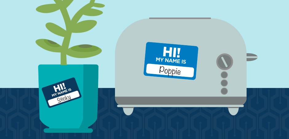 illustrated image of toaster and houseplant with "hi my name is" stickers