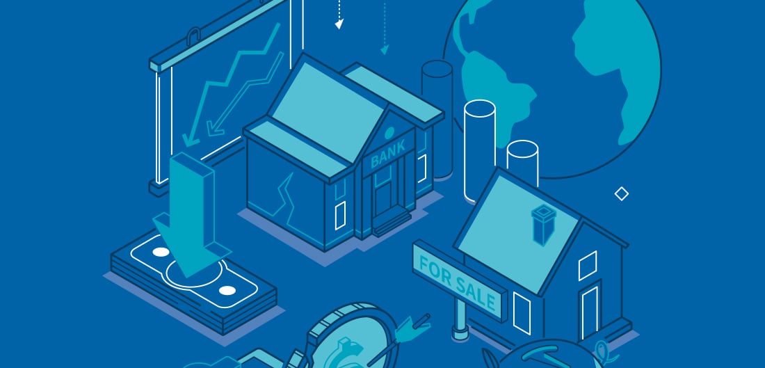 blue cartoon drawing of homes and the earth