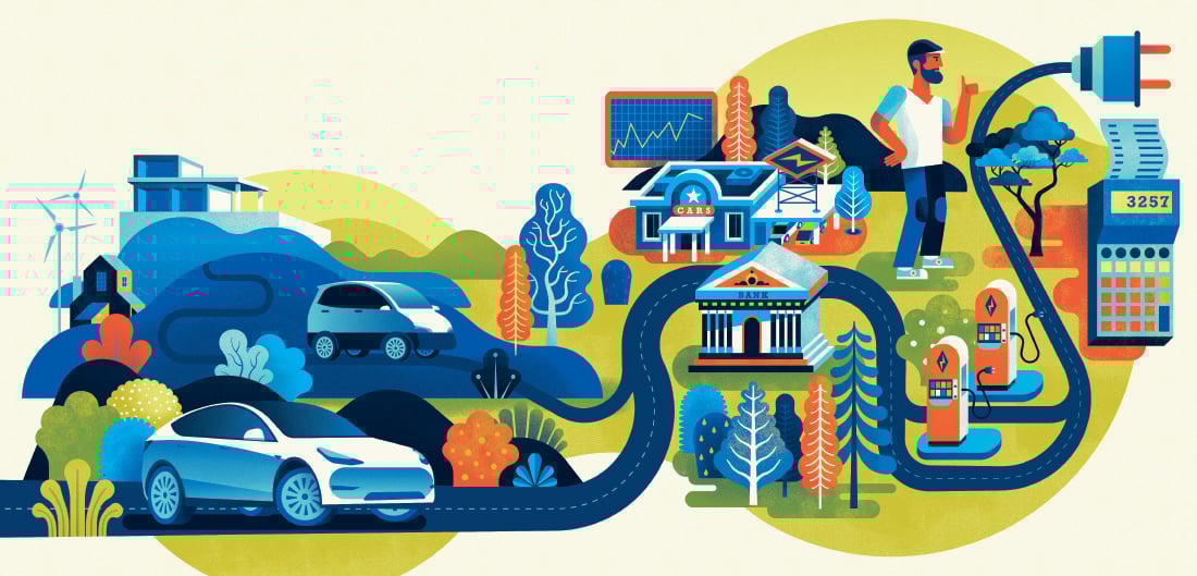 Cartoon drawing of a car and a cityscape