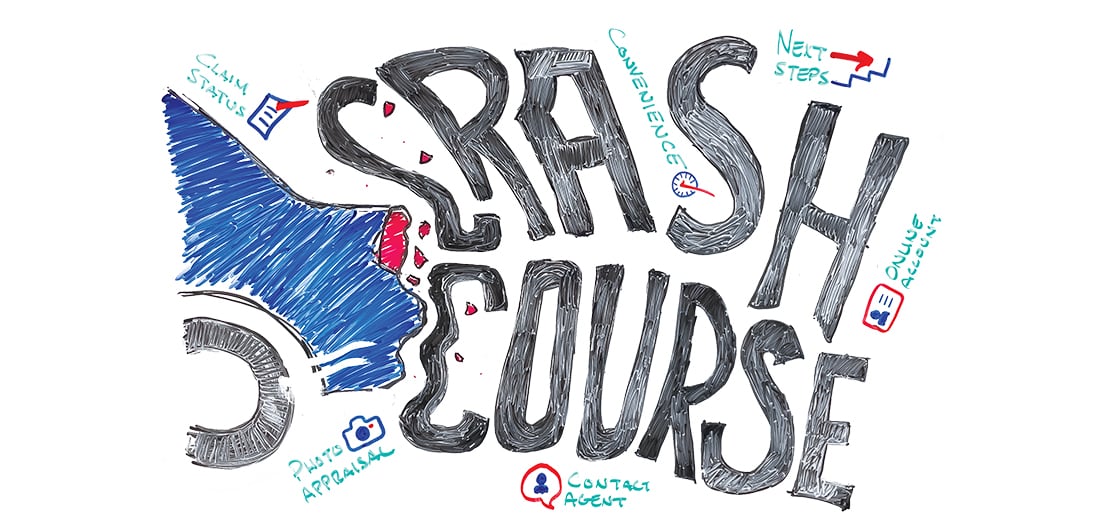 a dry erase drawing of the back end of a car and the words crash course