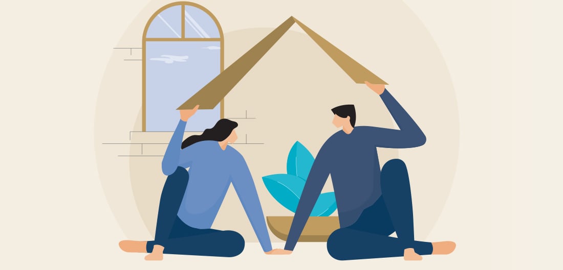 cartoon drawing of a couple each holding up their end of a shared roof