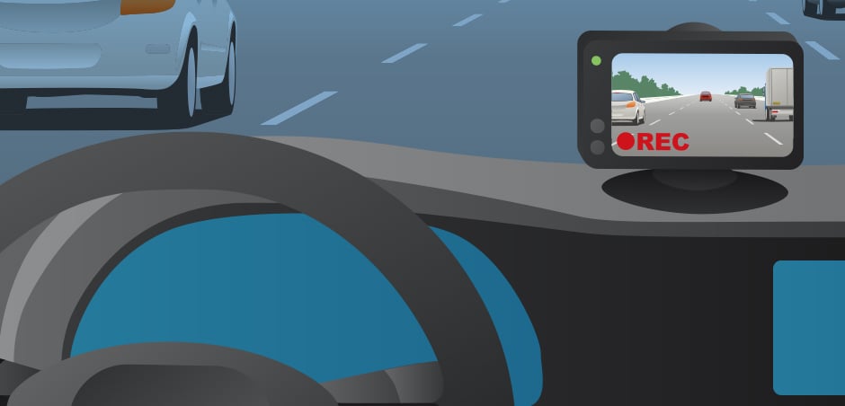 Cartoonish drawing of a dashcam on someone's dash
