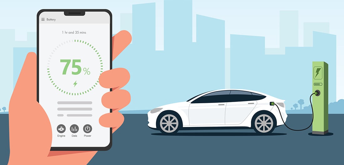 Cartoon drawing of EV charging while a hand holds up a phone to monitor the progress.