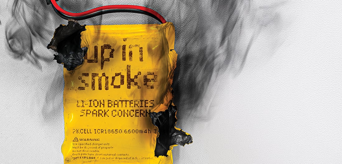 illustration of a lithium battery with smoke coming out of it