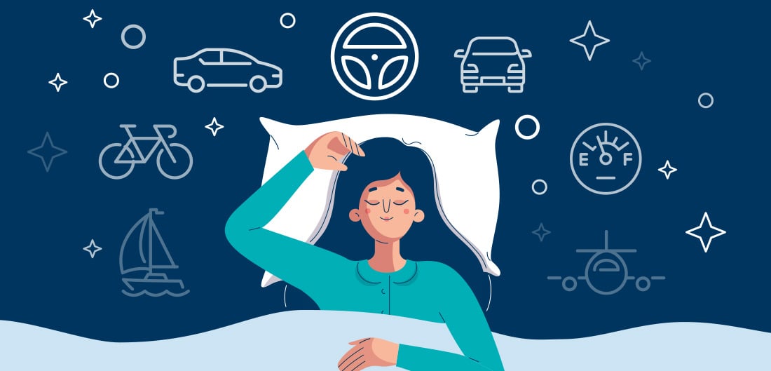 cartoon drawing of a woman sleeping with travel related icons above her head