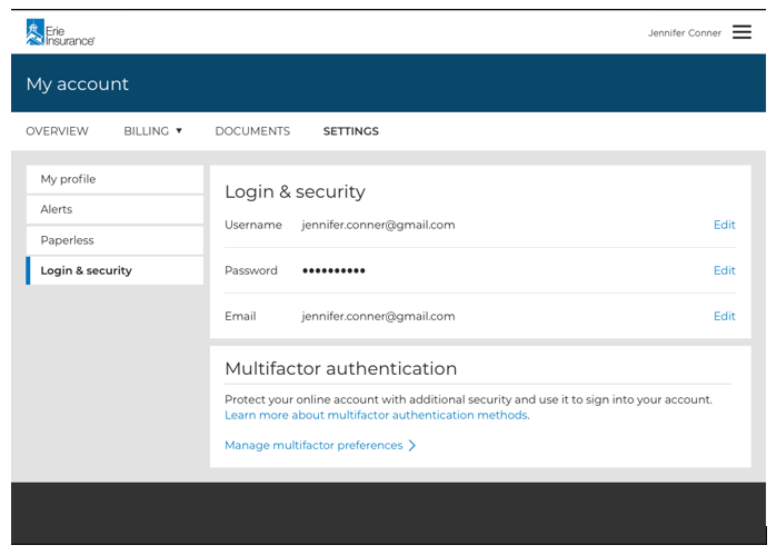 Online account screenshot