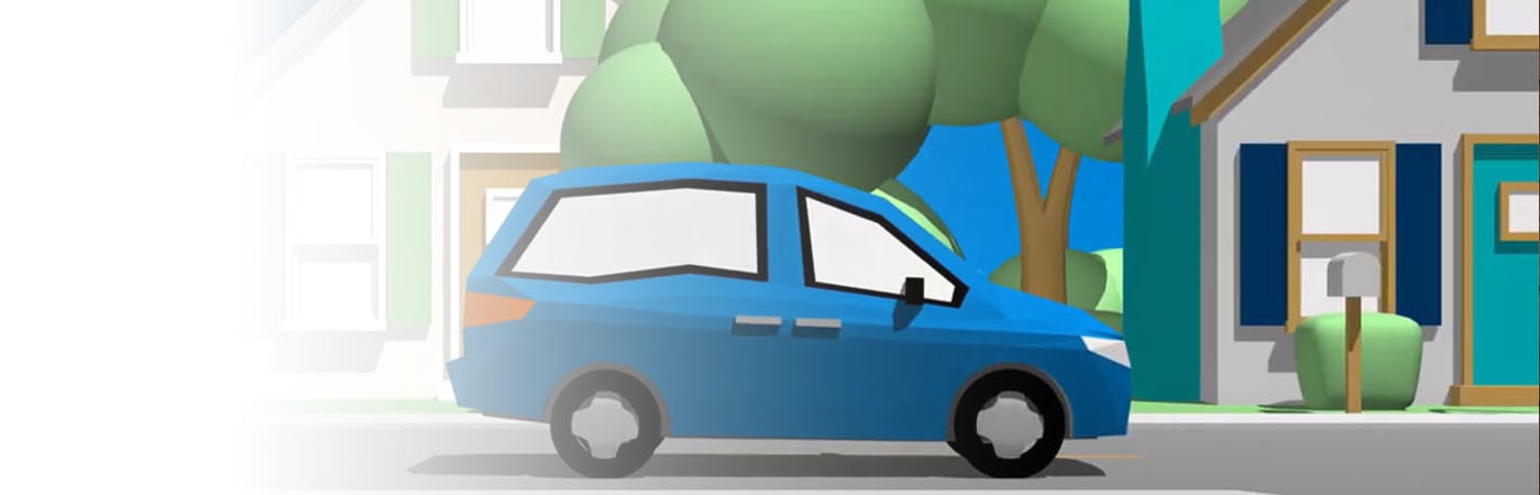 Cartoon car driving through cartoon neighborhood