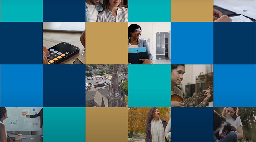 Mosaic image containing colored squares and photos of people