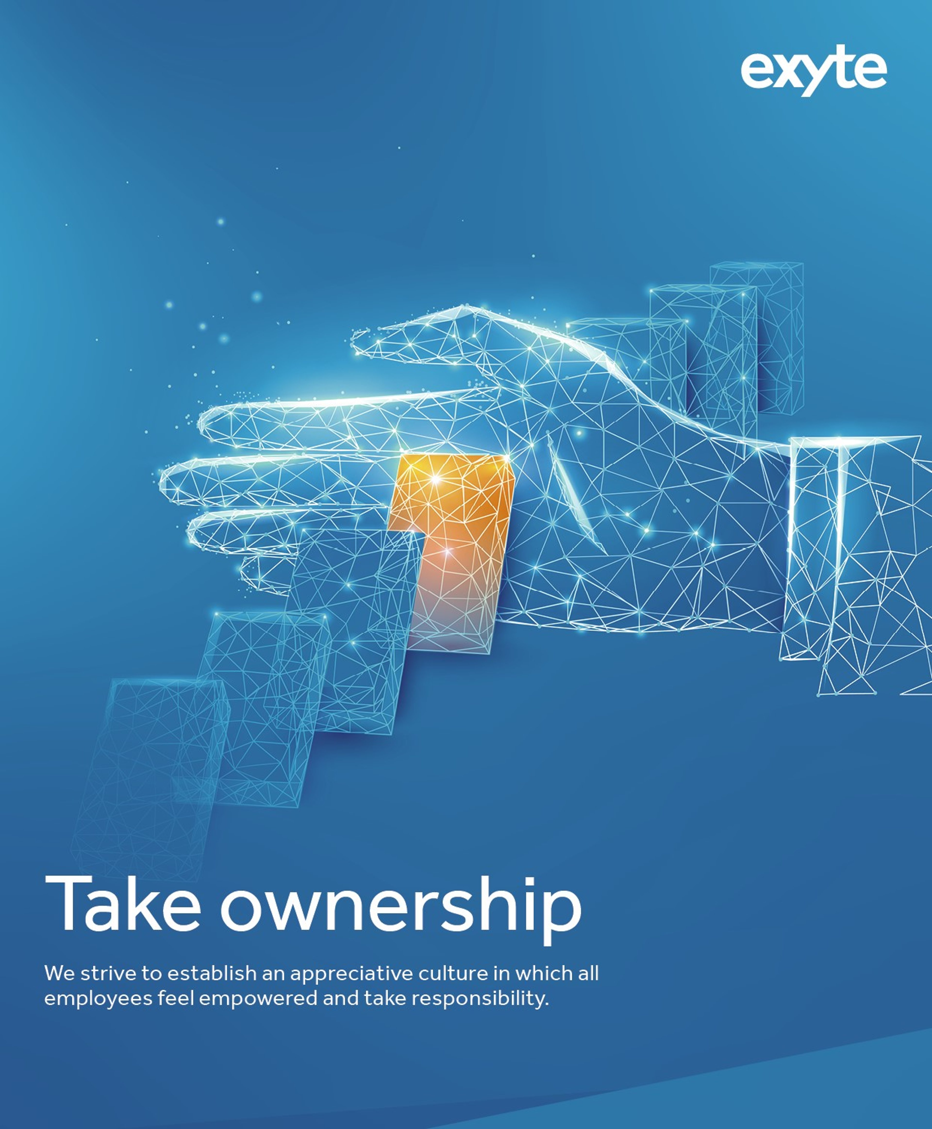 The image shows a digital hand touching ascending blocks, symbolizing progress and responsibility. The text reads "Take ownership," with a message promoting a culture where employees are empowered and take responsibility. The Exyte logo is displayed in the top right corner.