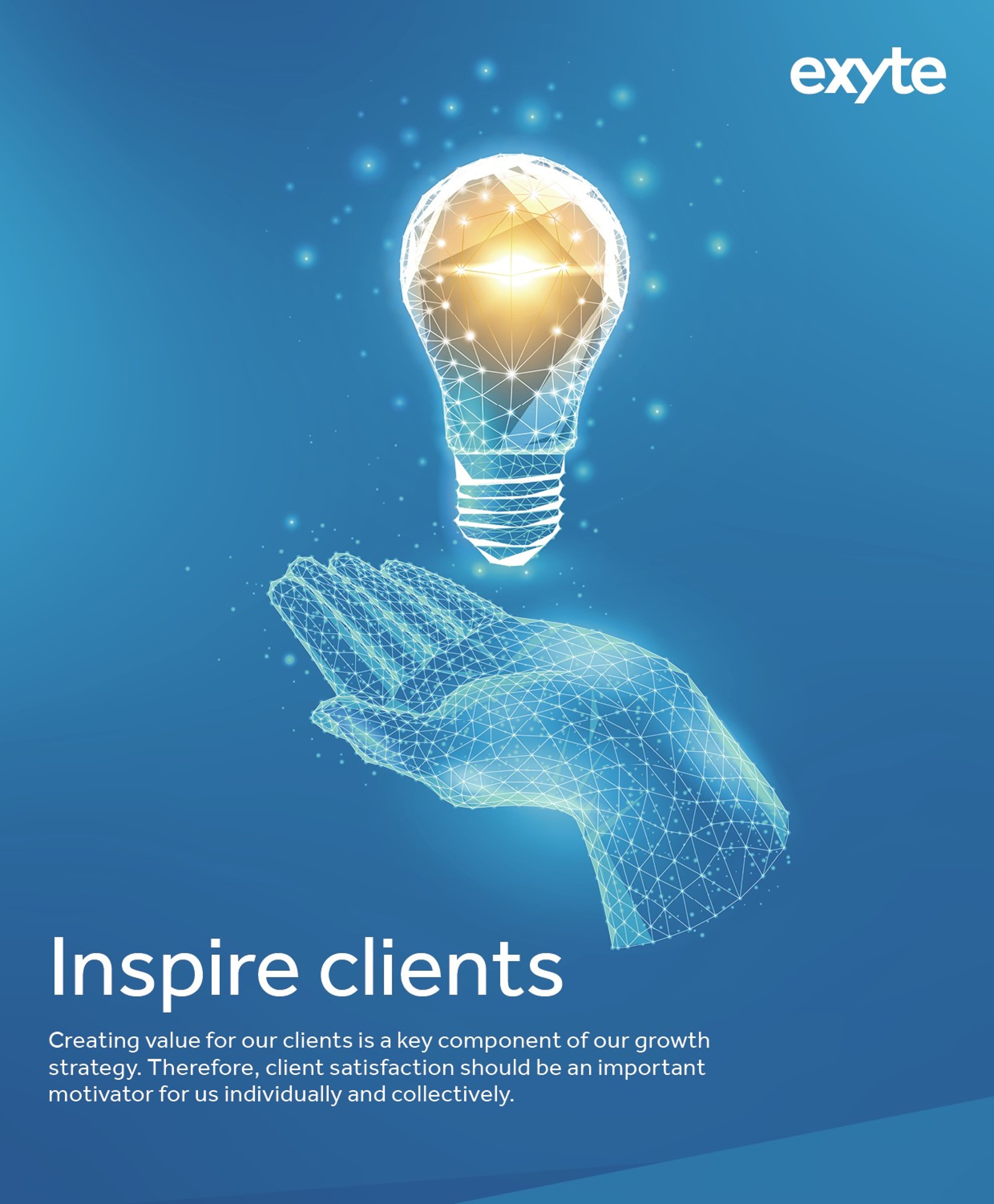 The image shows a digital hand holding a glowing lightbulb, symbolizing innovation and creativity. The text reads "Inspire clients," highlighting the importance of generating impactful ideas for client success. The Exyte logo is in the top right corner.