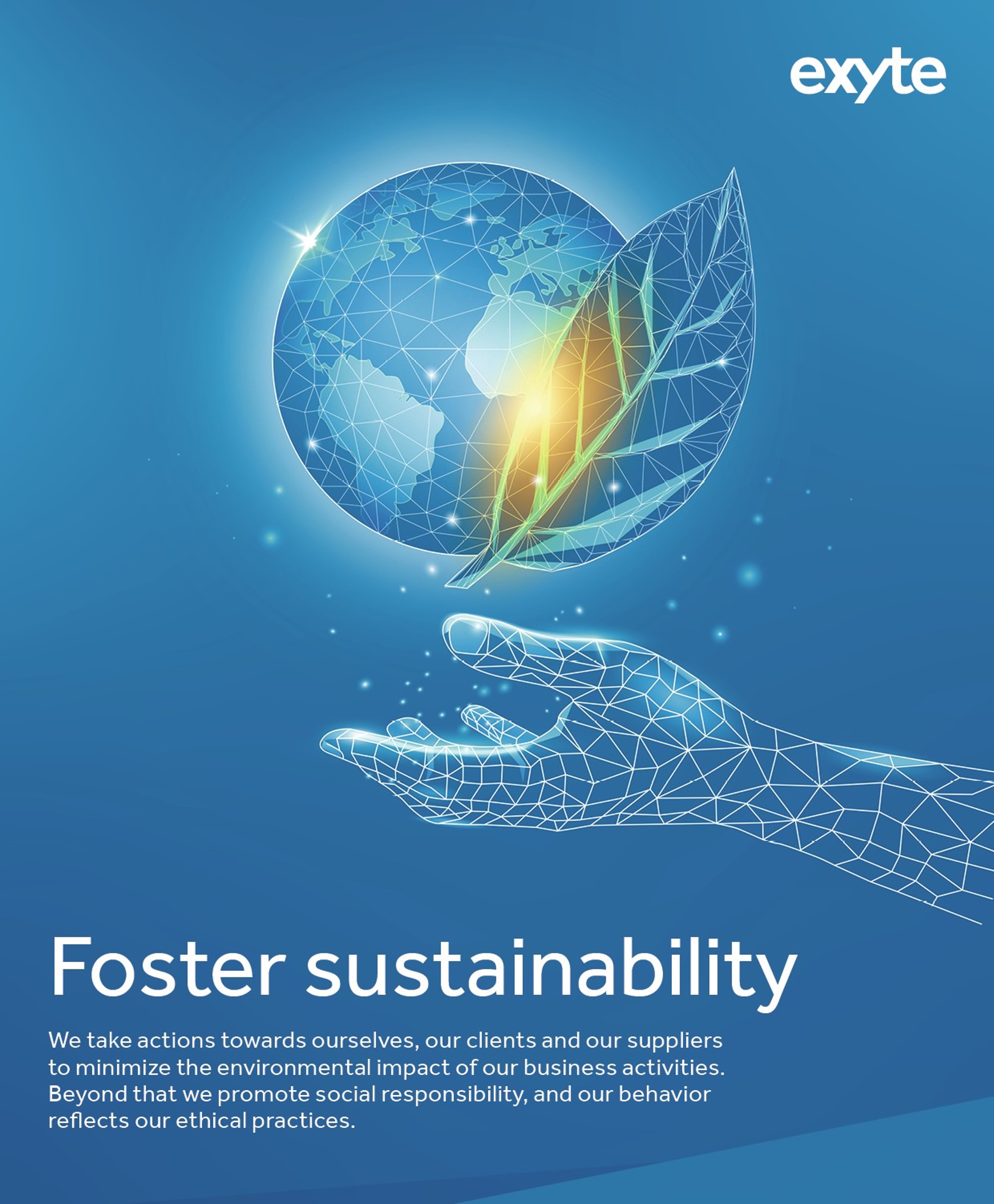The image shows a digital hand holding a globe and a green leaf, symbolizing environmental care and sustainability. The text reads "Foster sustainability," emphasizing the commitment to eco-friendly practices. The Exyte logo is placed at the top right corner.