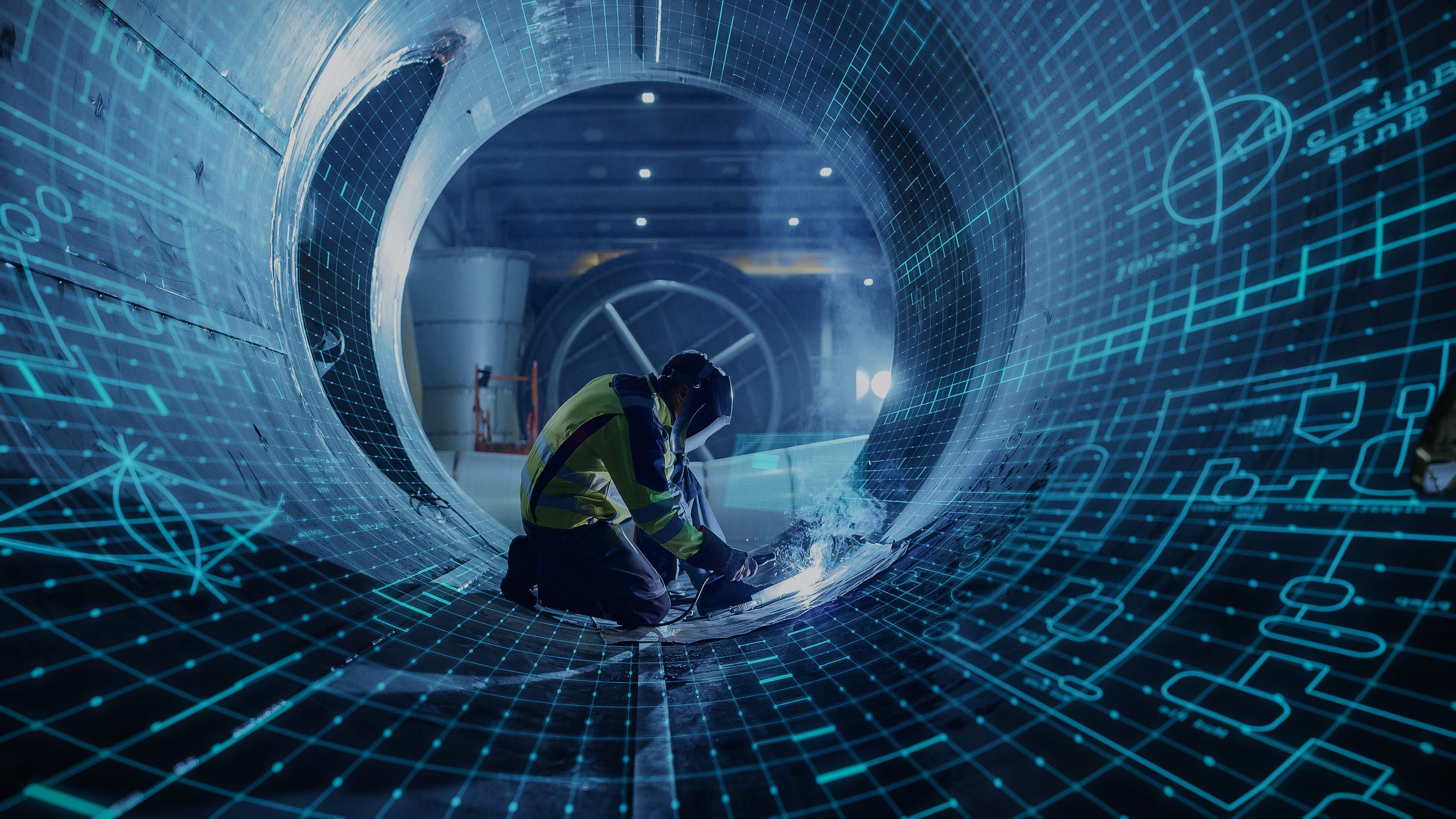 Industrial 4.0 Digital Visualization: Heavy Industry Welder Working, Welding Inside Pipe.
