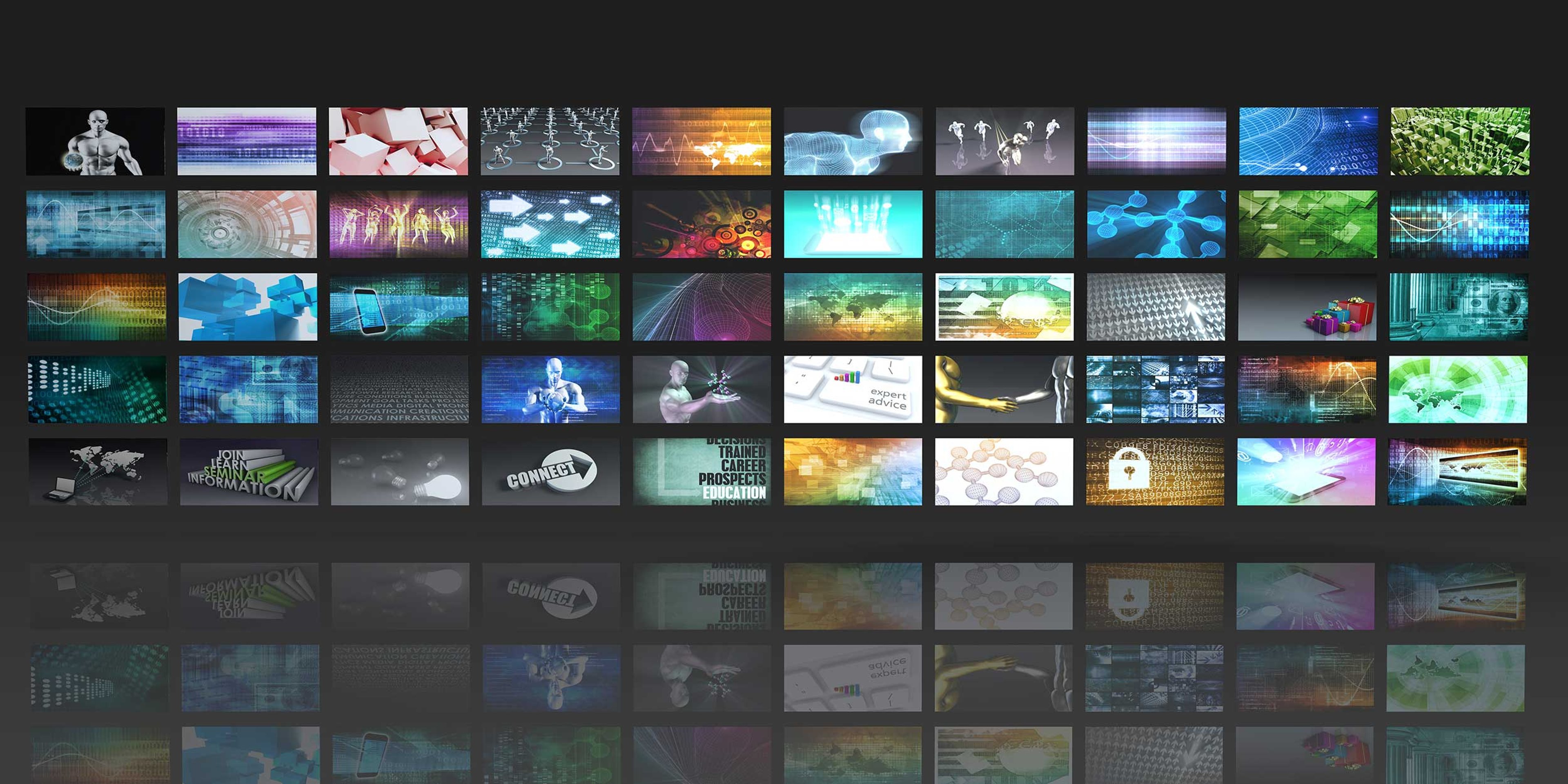 A collection of flat panel displays showcasing a variety of technological and digital graphics, reflecting advancements in information technology and multimedia.