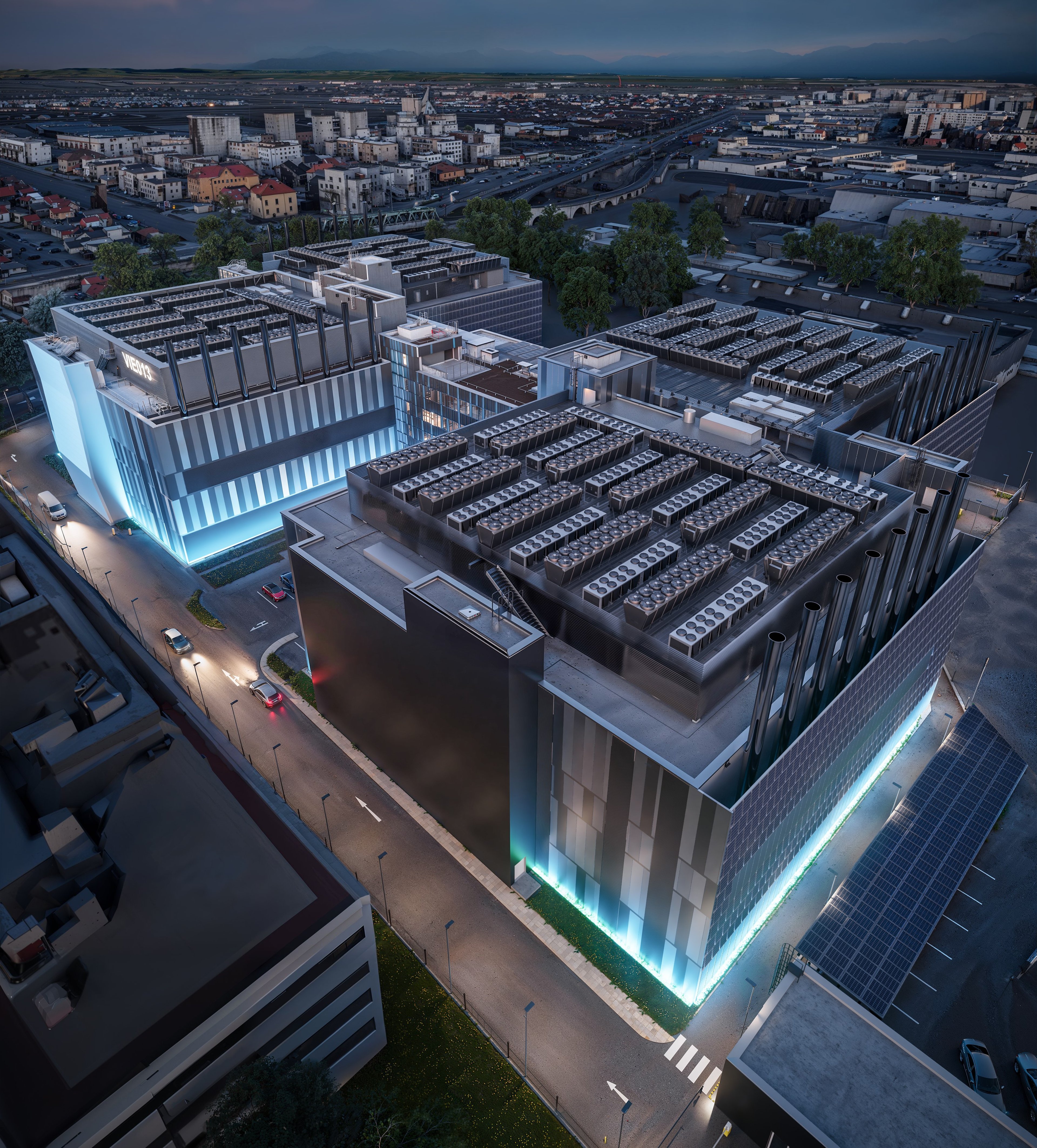 Outside aerial view of a Data Center in a European city at night