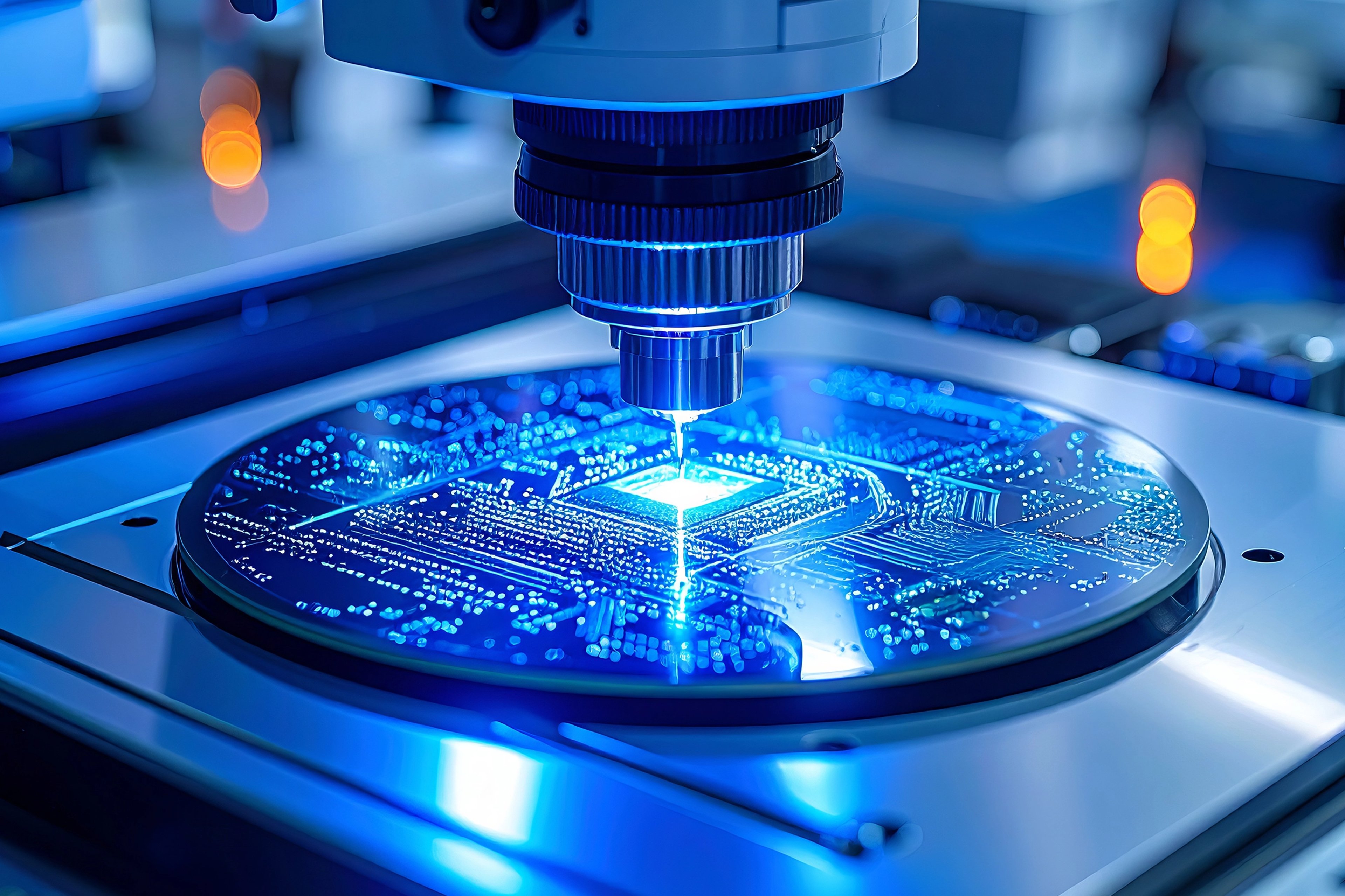 Semiconductor manufacturing chip under microscope