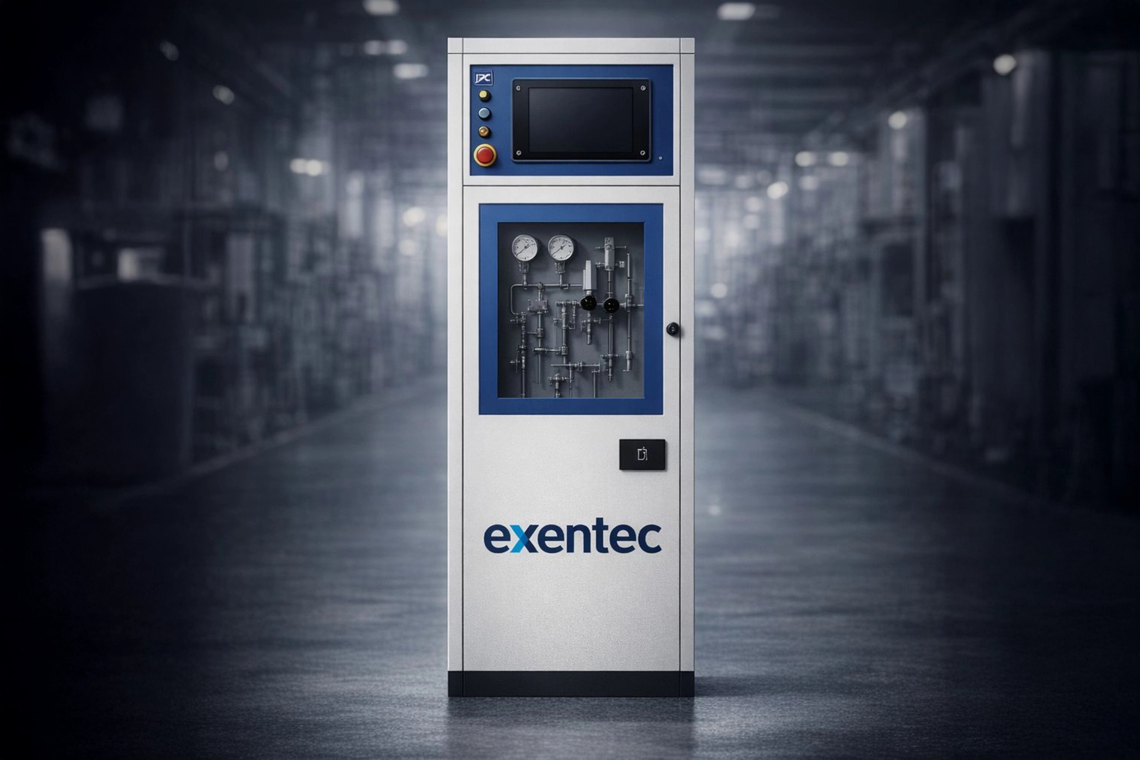 Exentec gas cabinet against an AI background