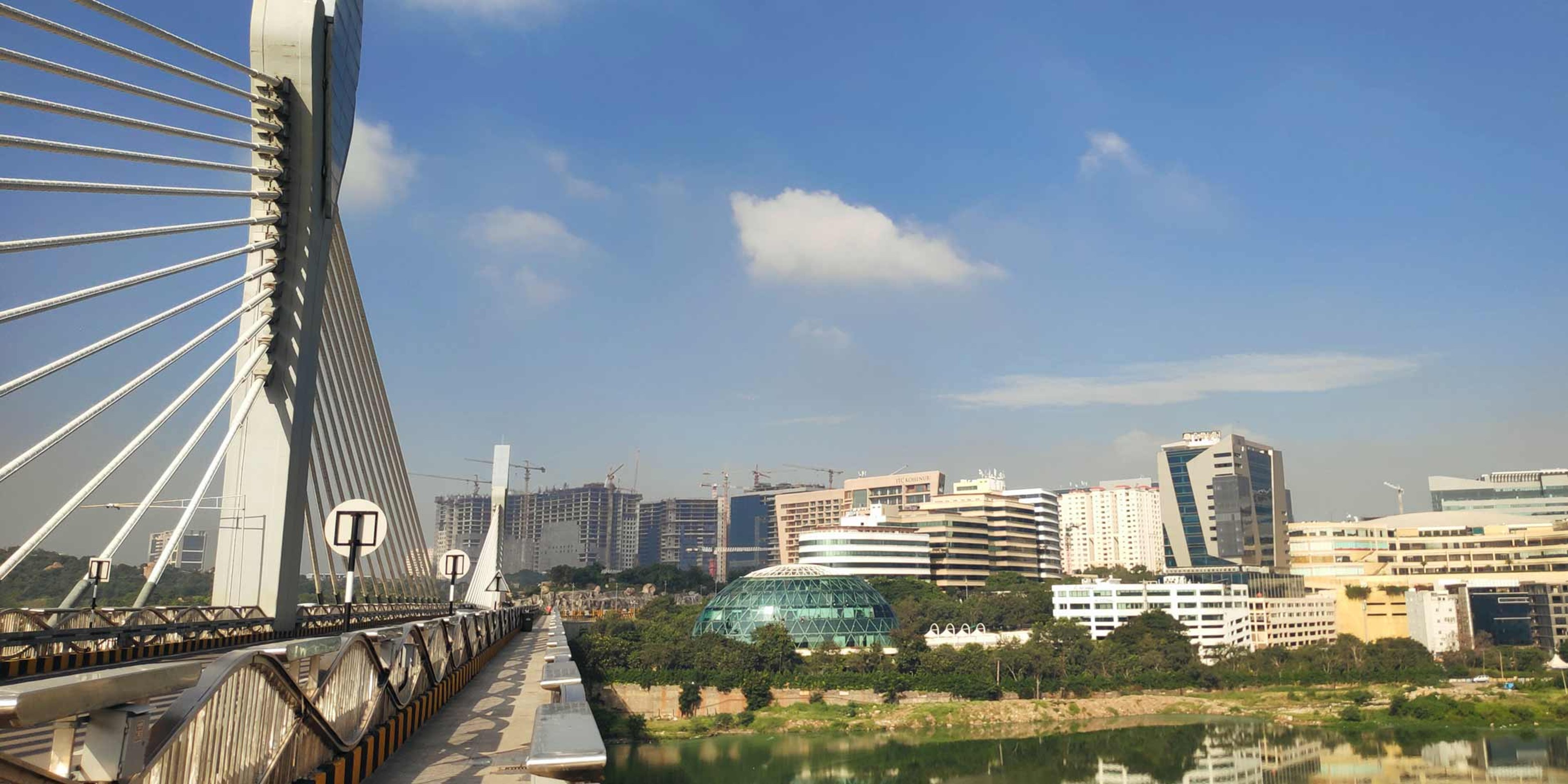 City view of Hyderabad featuring Durgam Cheruvu Cable Bridge, representative of Exyte's presence in India’s expanding semiconductor, data center, and life sciences industries