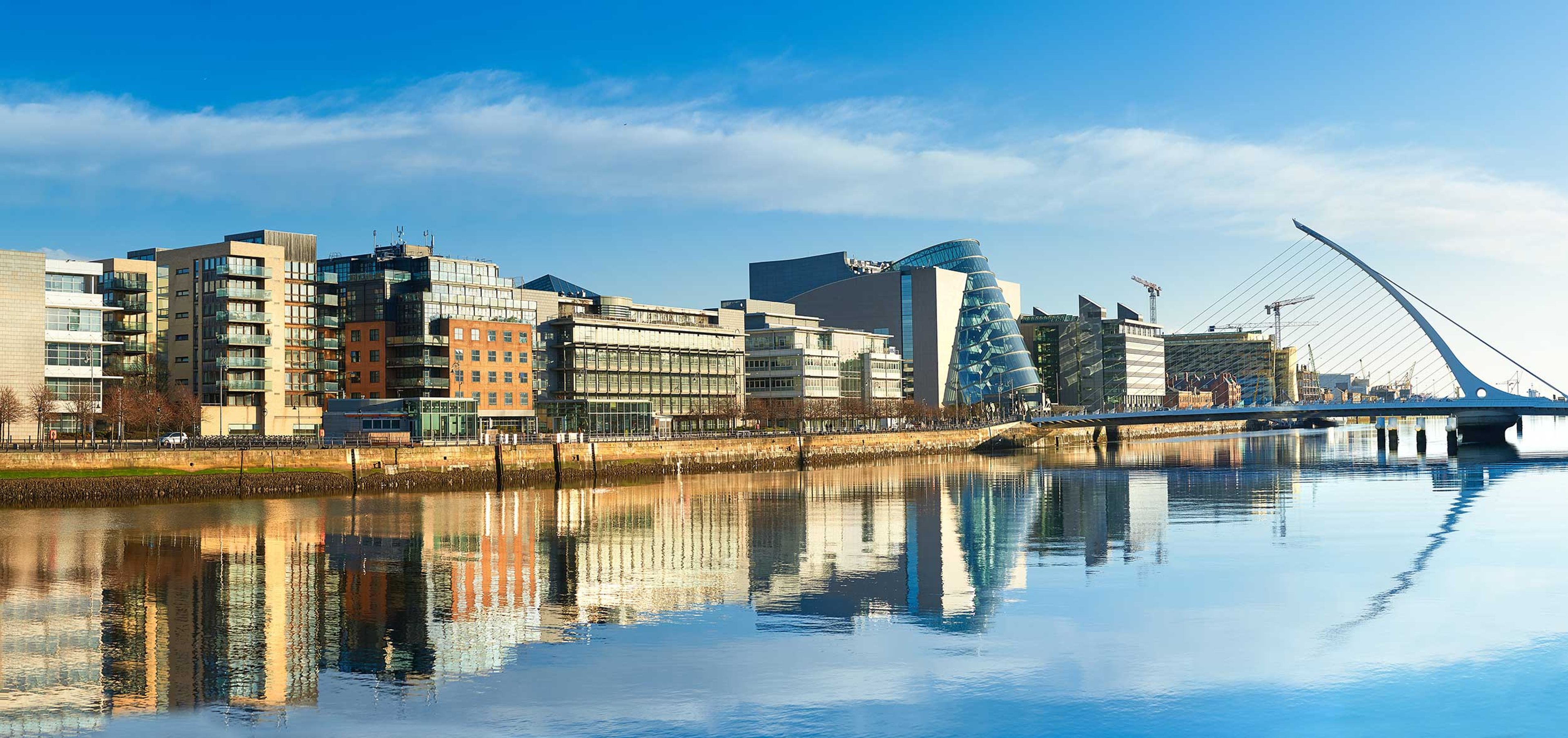 Modern buildings and offices on Liffey river in Dublin, the capital of Ireland
