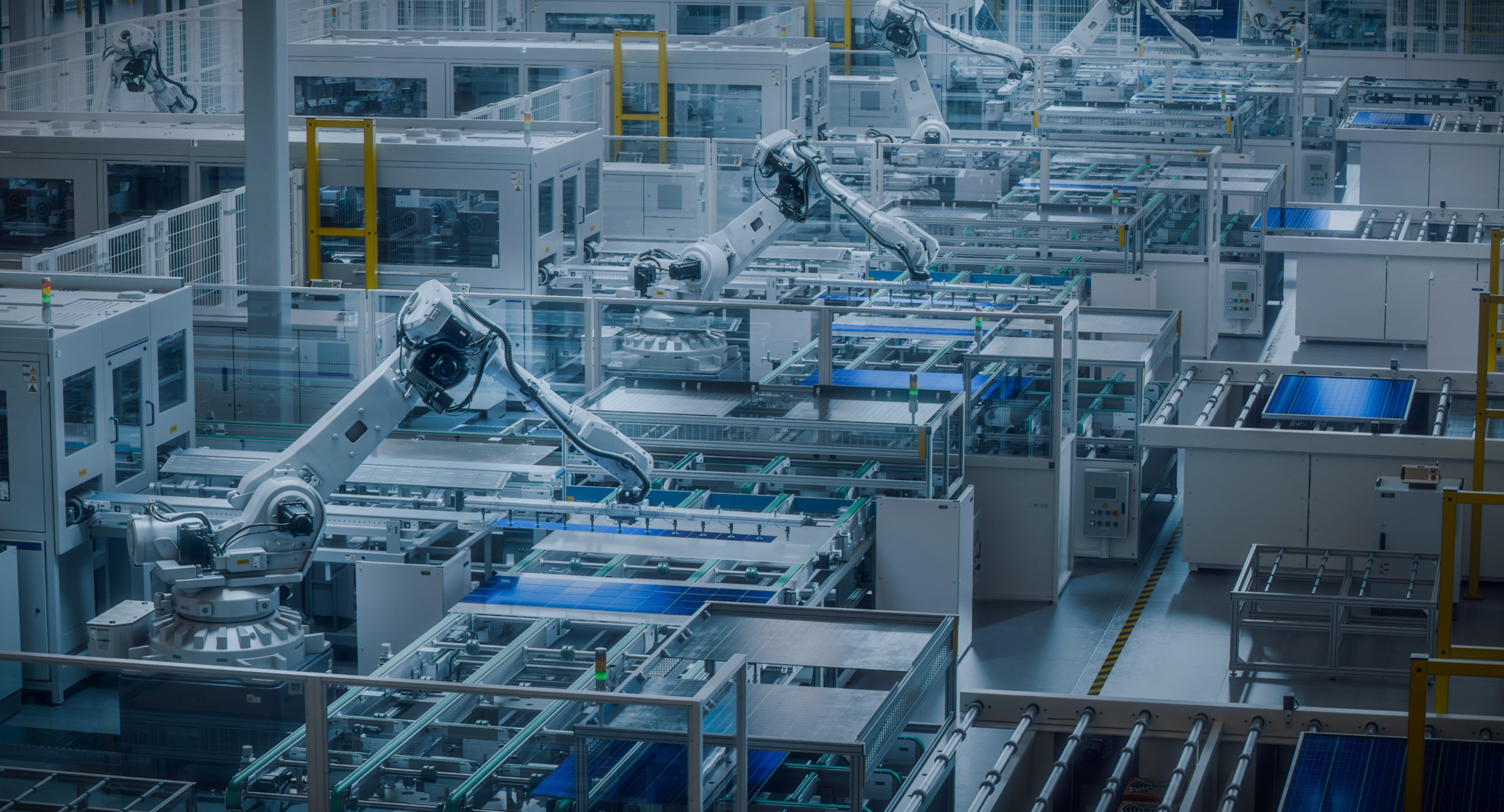 Industrial photovoltaic module production line with robot arms assembling solar panels in a cleanroom environment