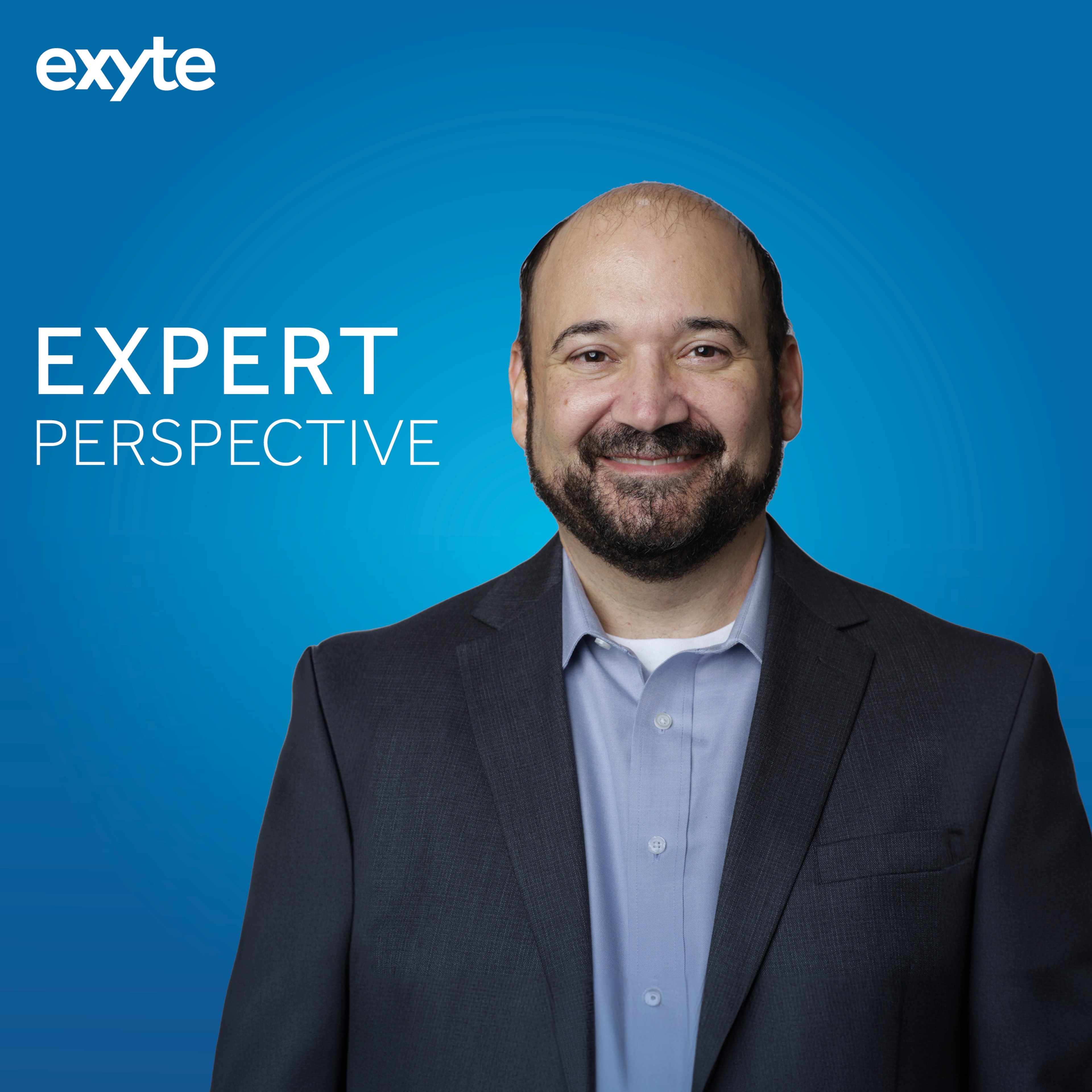 A portrait of Brant Bulgarelli, wearing a dark suit and light blue shirt, with a blue background featuring the Exyte logo and the text 'Expert Perspective'.