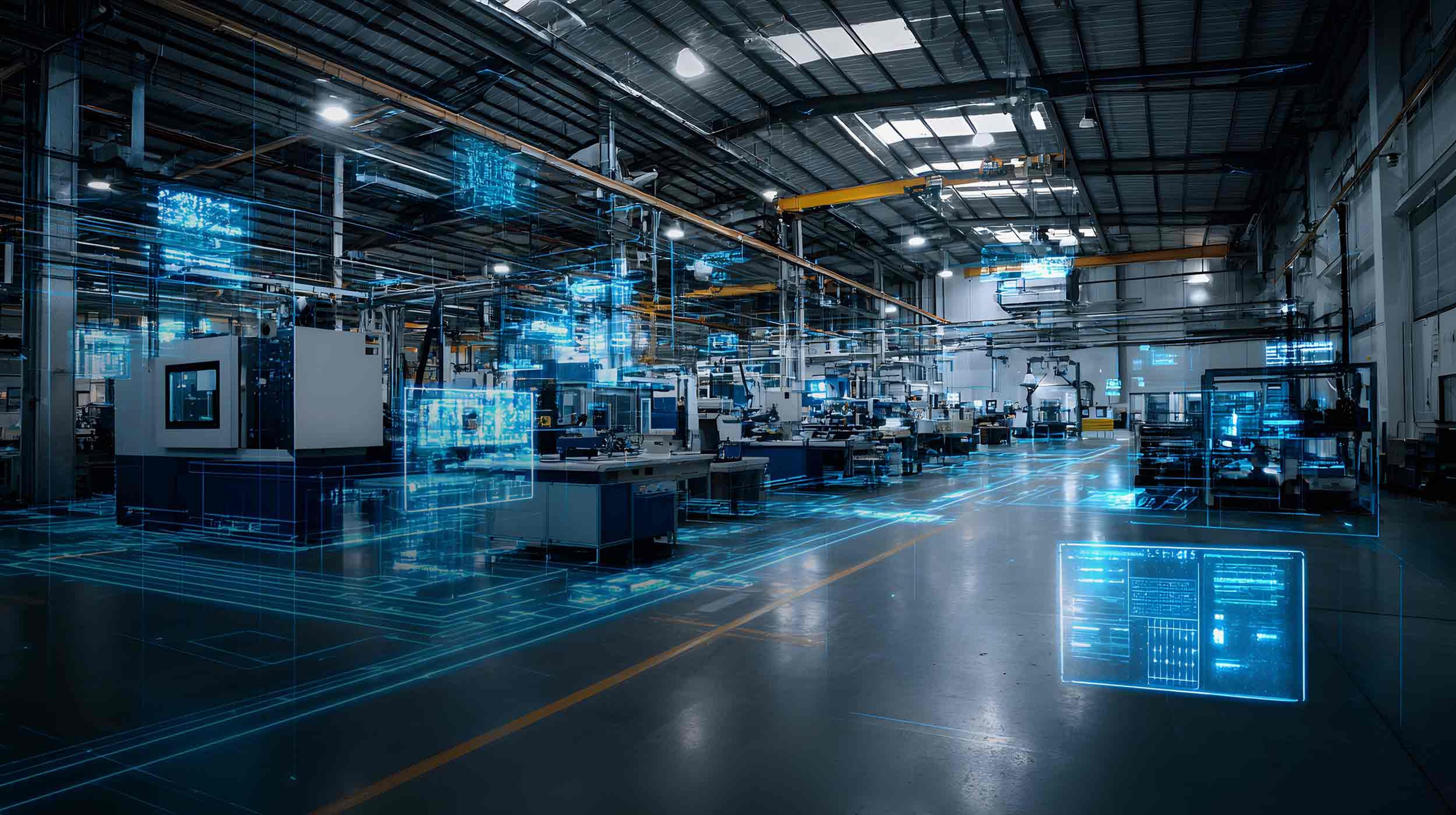 A digitalized high‑tech facility interior with data overlays visualizing engineering, design and construction workflows, illustrating Exyte’s EPC platform, AI integration and oneData environment.