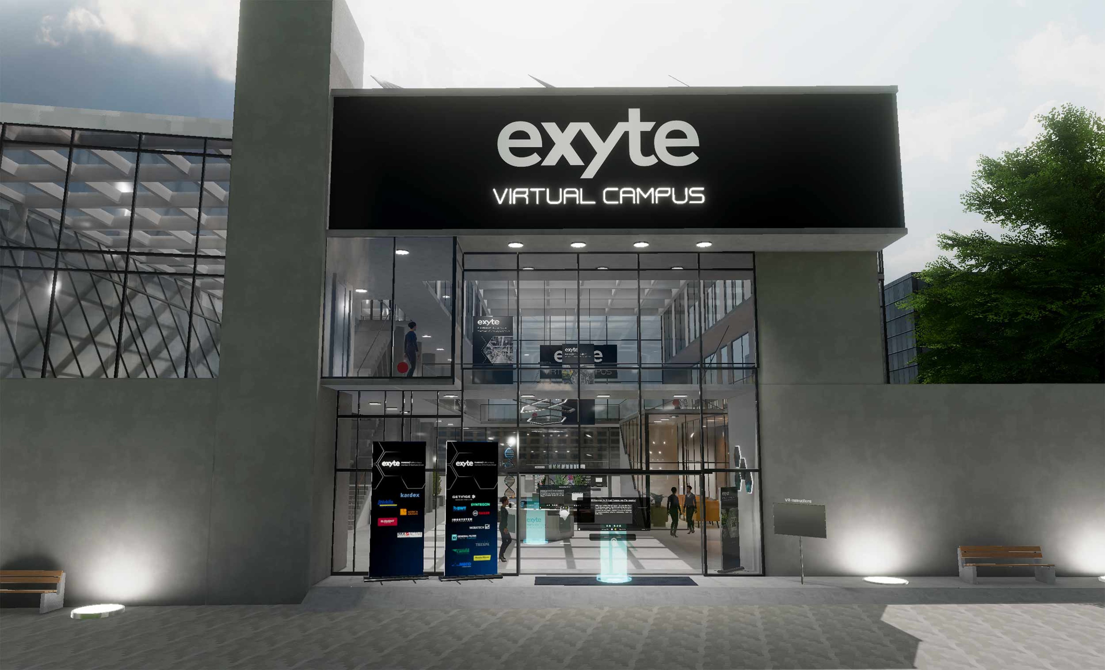 The Virtual Campus immersive environment showing a 3D facility model used for design reviews, onboarding and digital twin operations, enabling clients to explore planned layouts interactively.