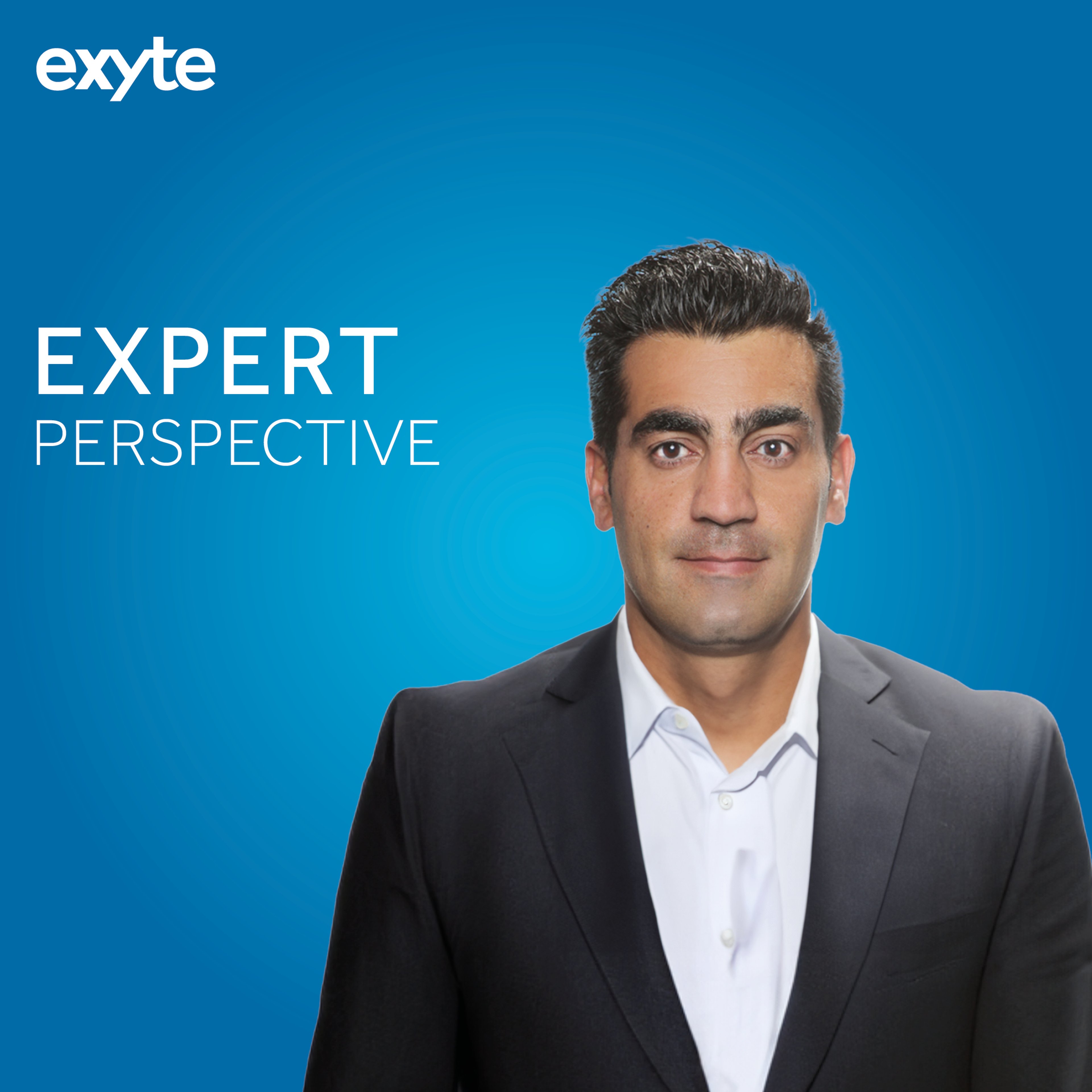 "A portrait of Antonello Finucci, wearing a dark suit and white shirt, with a blue background featuring the Exyte logo and the text 'Expert Perspective'.