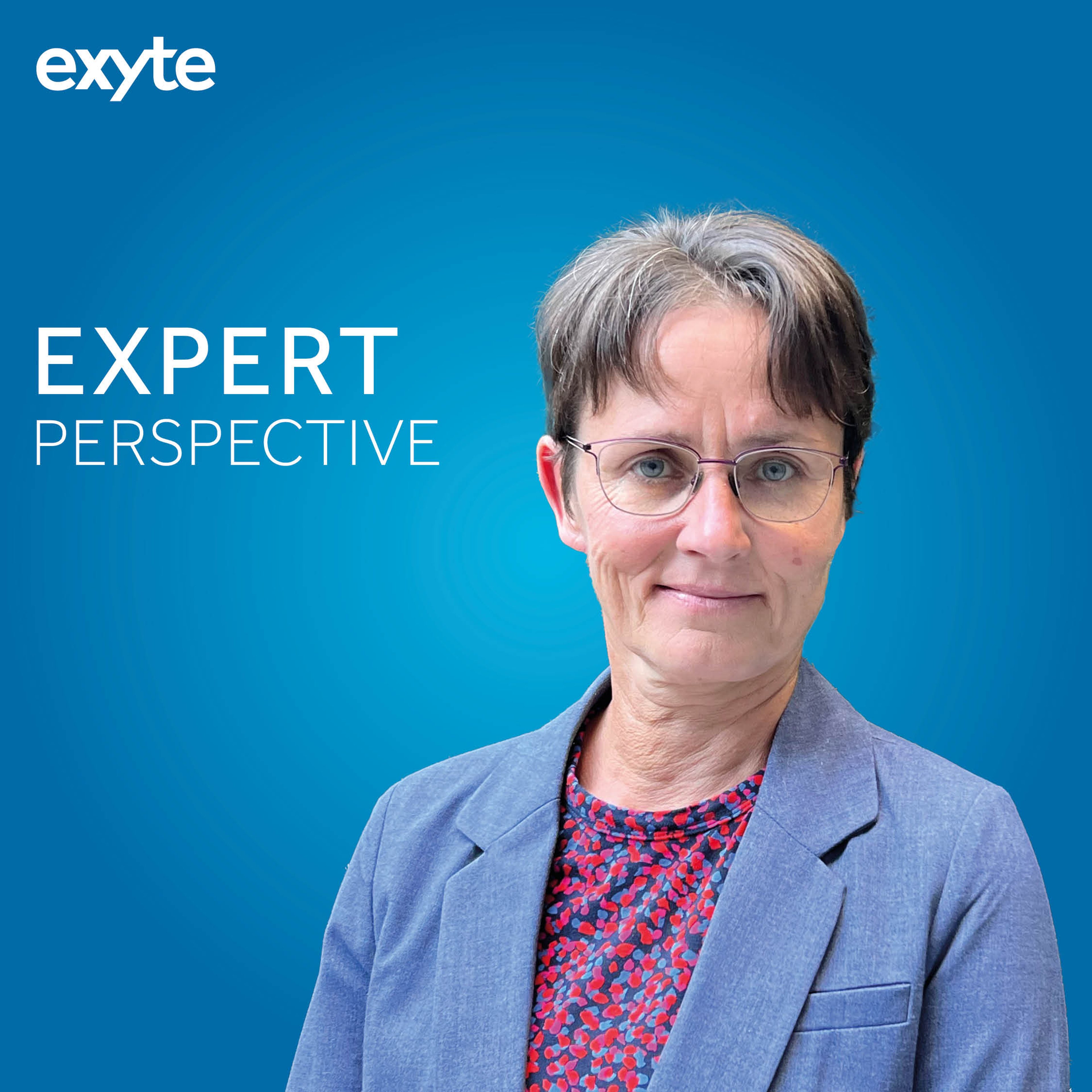 A portrait of Anke Seeger, wearing glasses and a professional blazer, with a blue background displaying the Exyte logo and the text 'Expert Perspective'.
