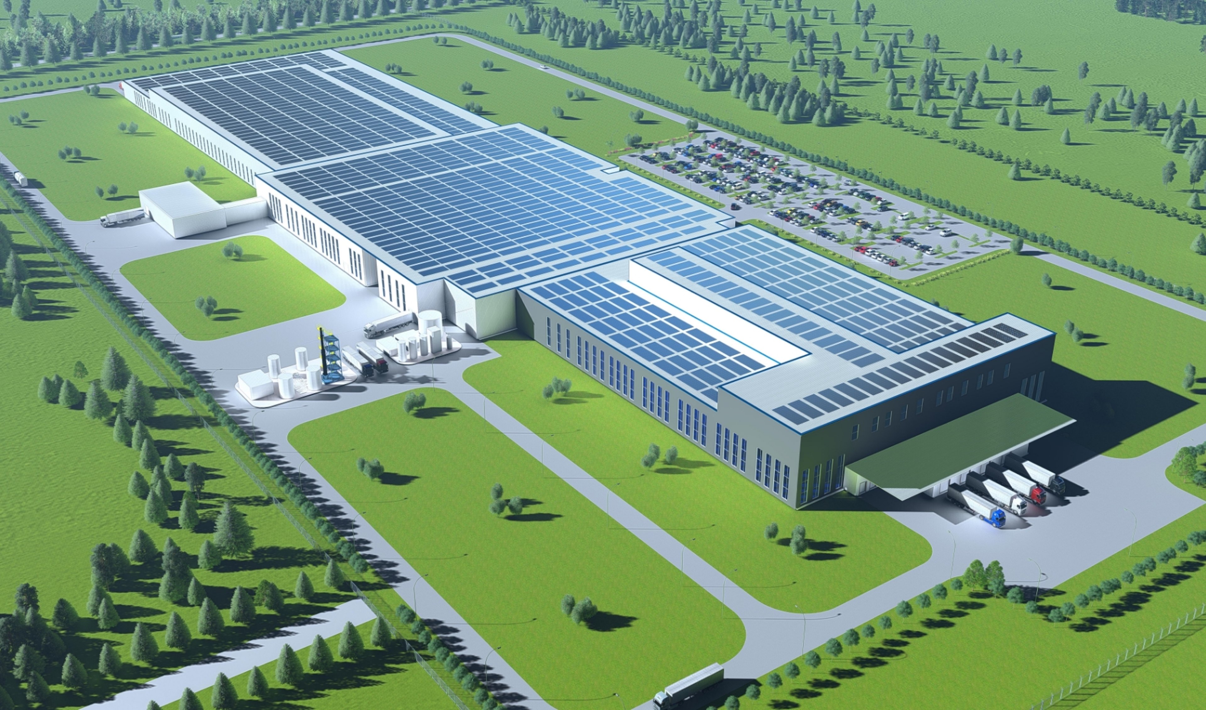 Rendering showing an aerial view of a large battery production facility surrounded by greenery, with solar panels covering the roof and parking lots visible nearby.