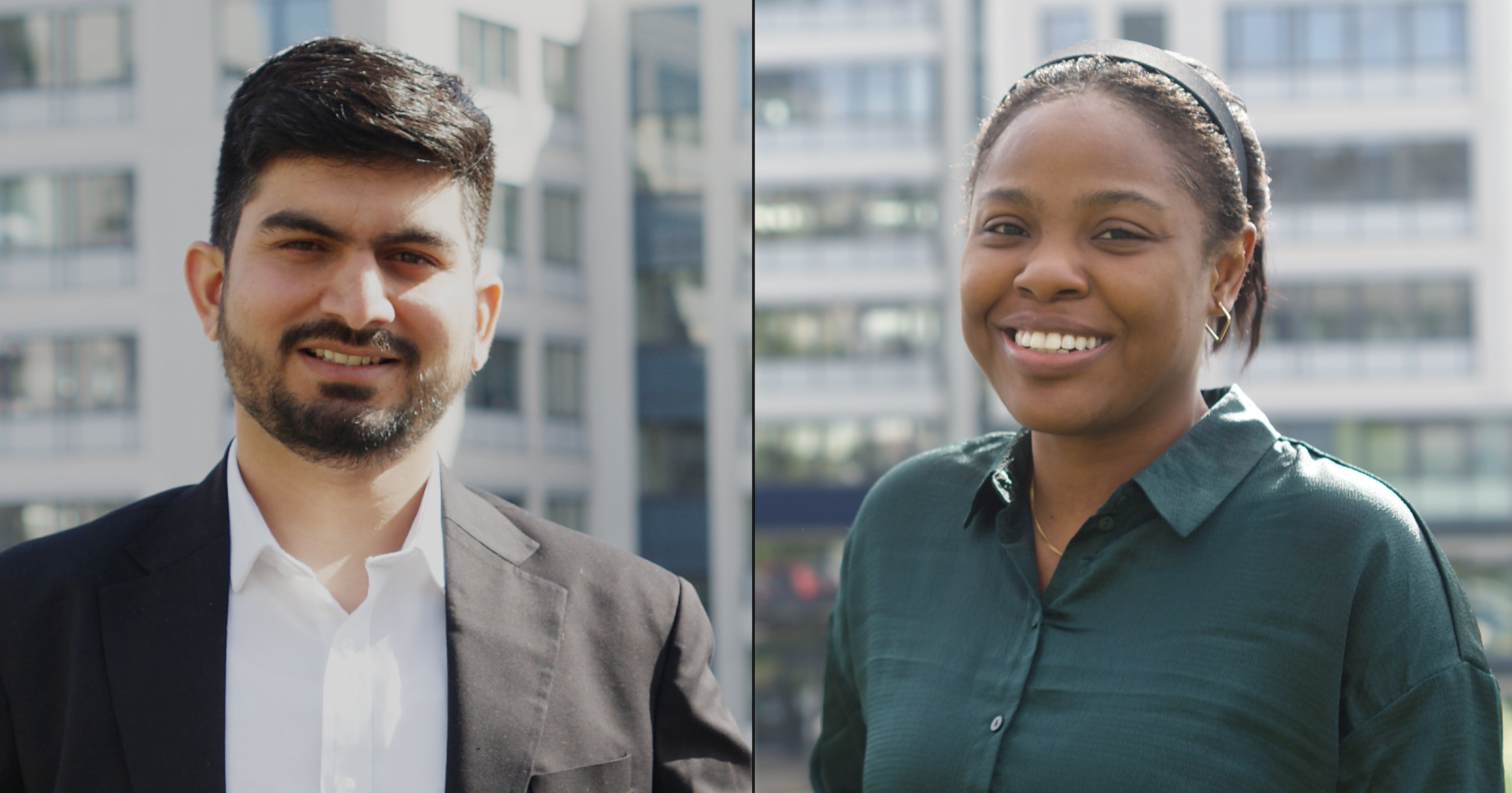 The image shows Francisca Osakue and Aanand Sharma standing outside, each smiling. Francisca is wearing a green shirt, and Aanand is dressed in a suit. Both have modern office buildings in the background.