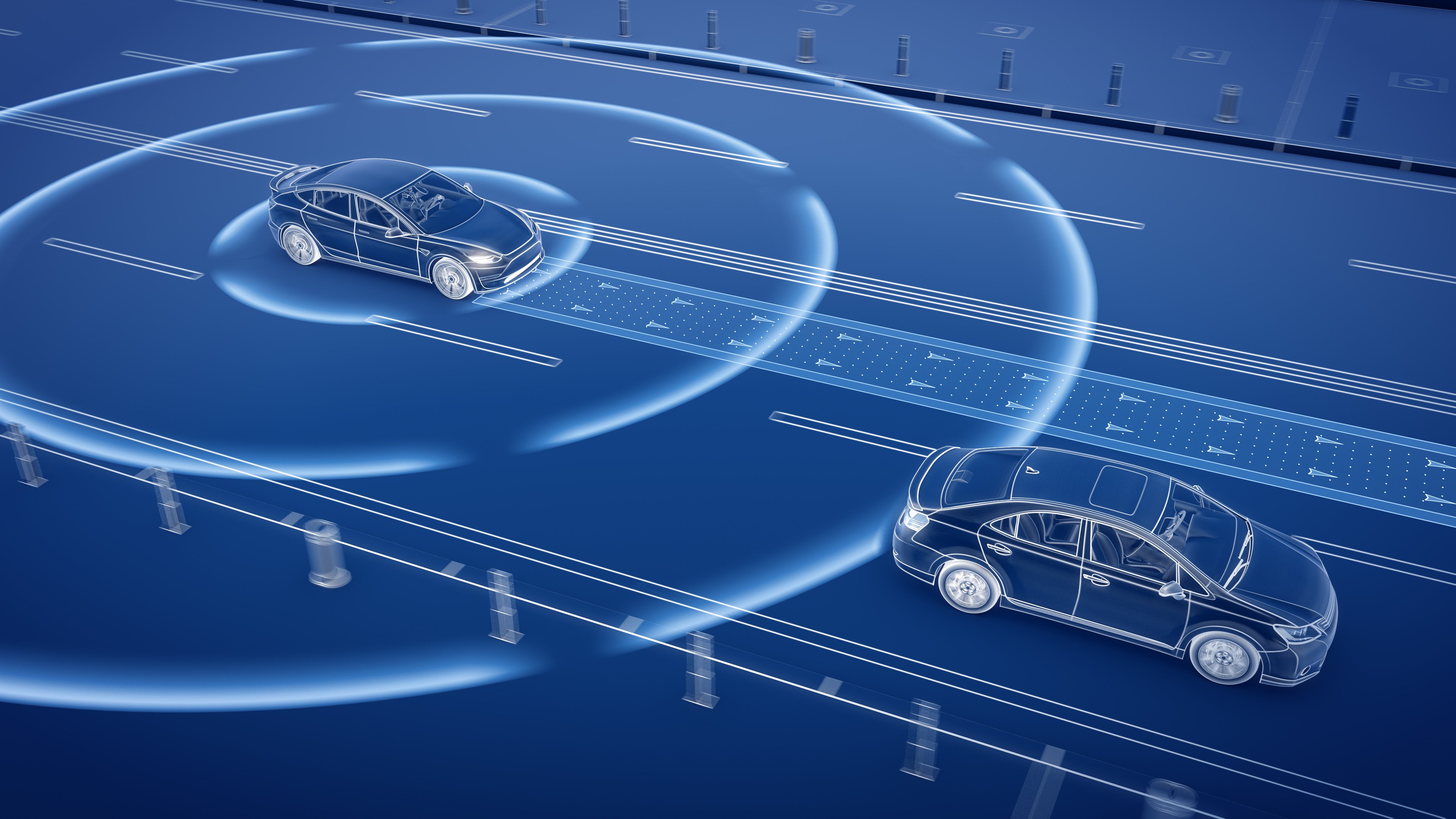 Two cars on a highway, illustrating autonomous driving technology with blue visualizations representing sensor communication and vehicle awareness.