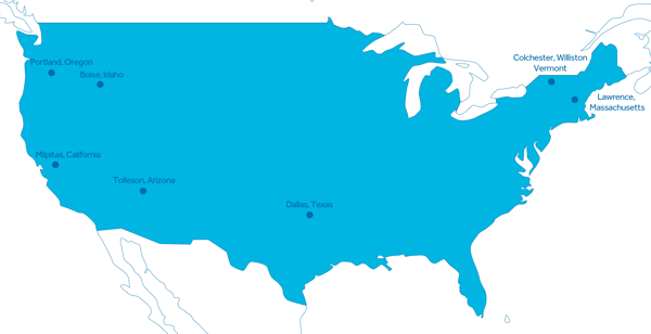 Map of Contiguous United States of America highlighting some of Exyte's bases of operations