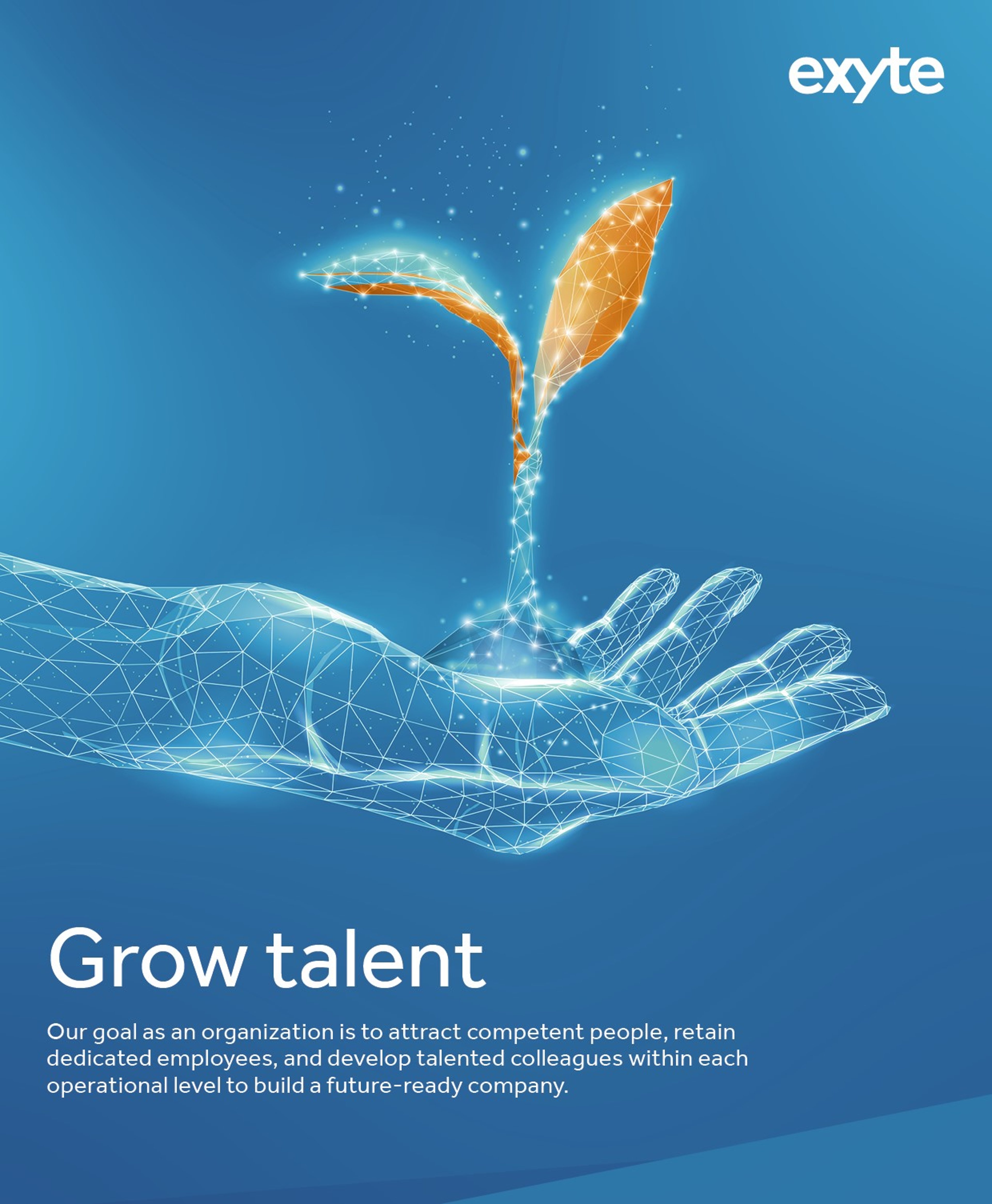 An image of a digital hand holding a small plant sprout with glowing leaves, symbolizing growth. The text reads "Grow talent" with a message about nurturing employees' skills within Exyte, a future-ready company. The Exyte logo is displayed at the top right.
