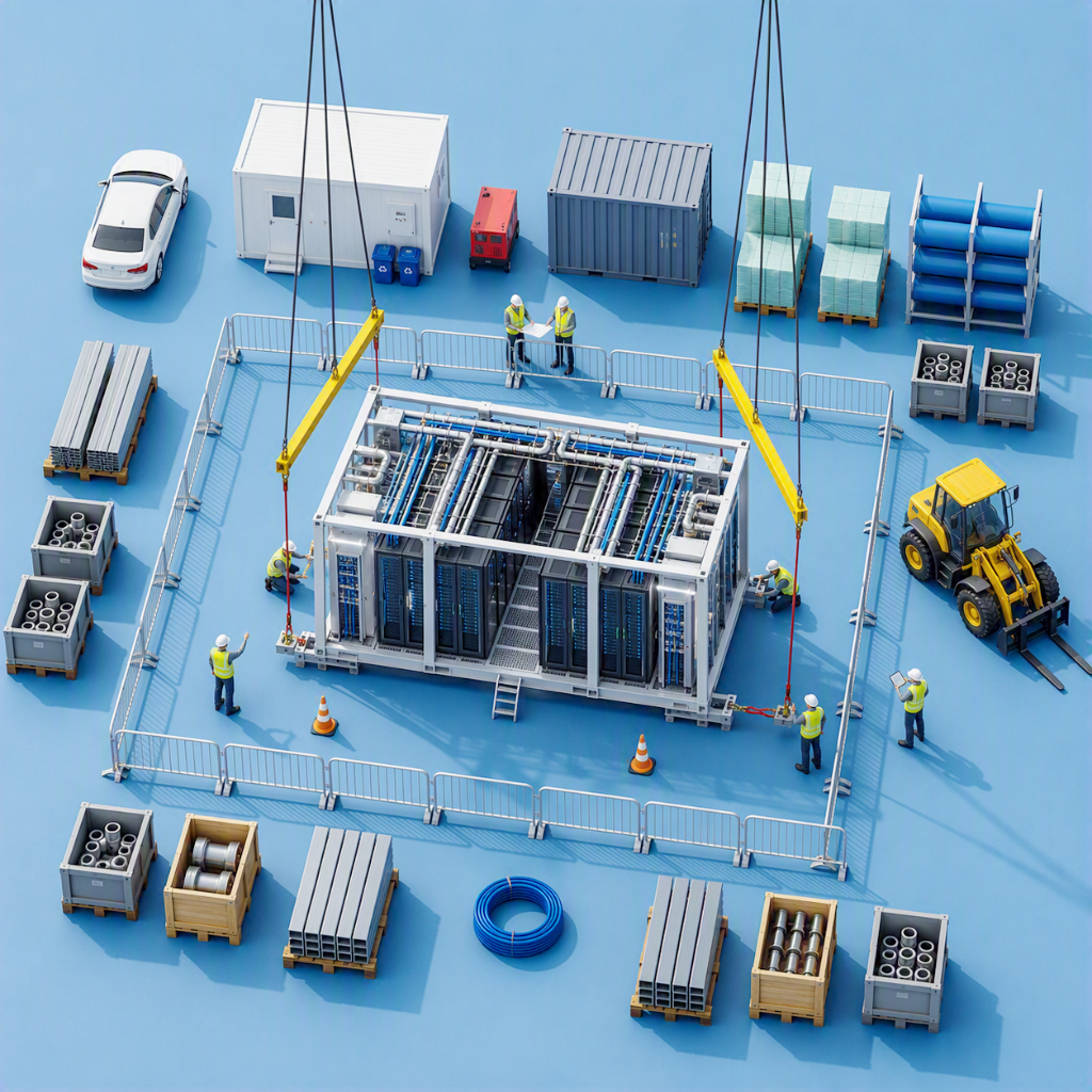 Playful AI generated illustration of prefabricated infrastructure module delivered and lifted into position at a colocation data center, showcasing how offsite manufacturing accelerates data center construction and deployment.