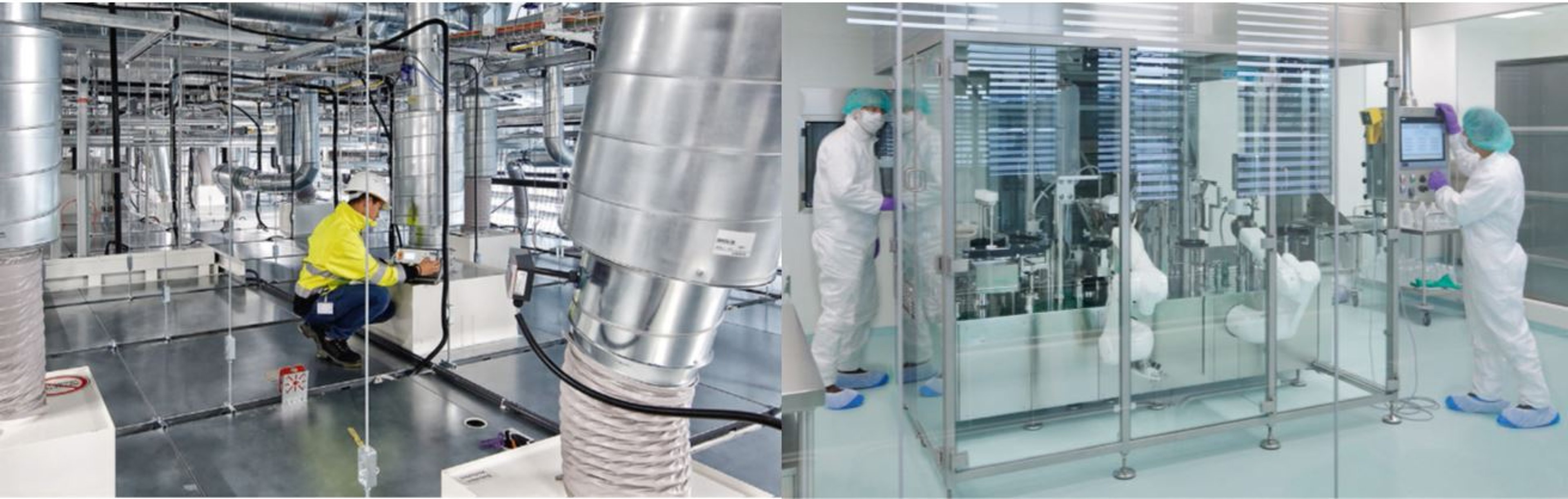 The image shows two distinct scenes: on the left, a worker is seen installing equipment in a facility with large ducts and industrial infrastructure. On the right, two workers in cleanroom suits operate equipment inside a sterile, glass-enclosed environment.