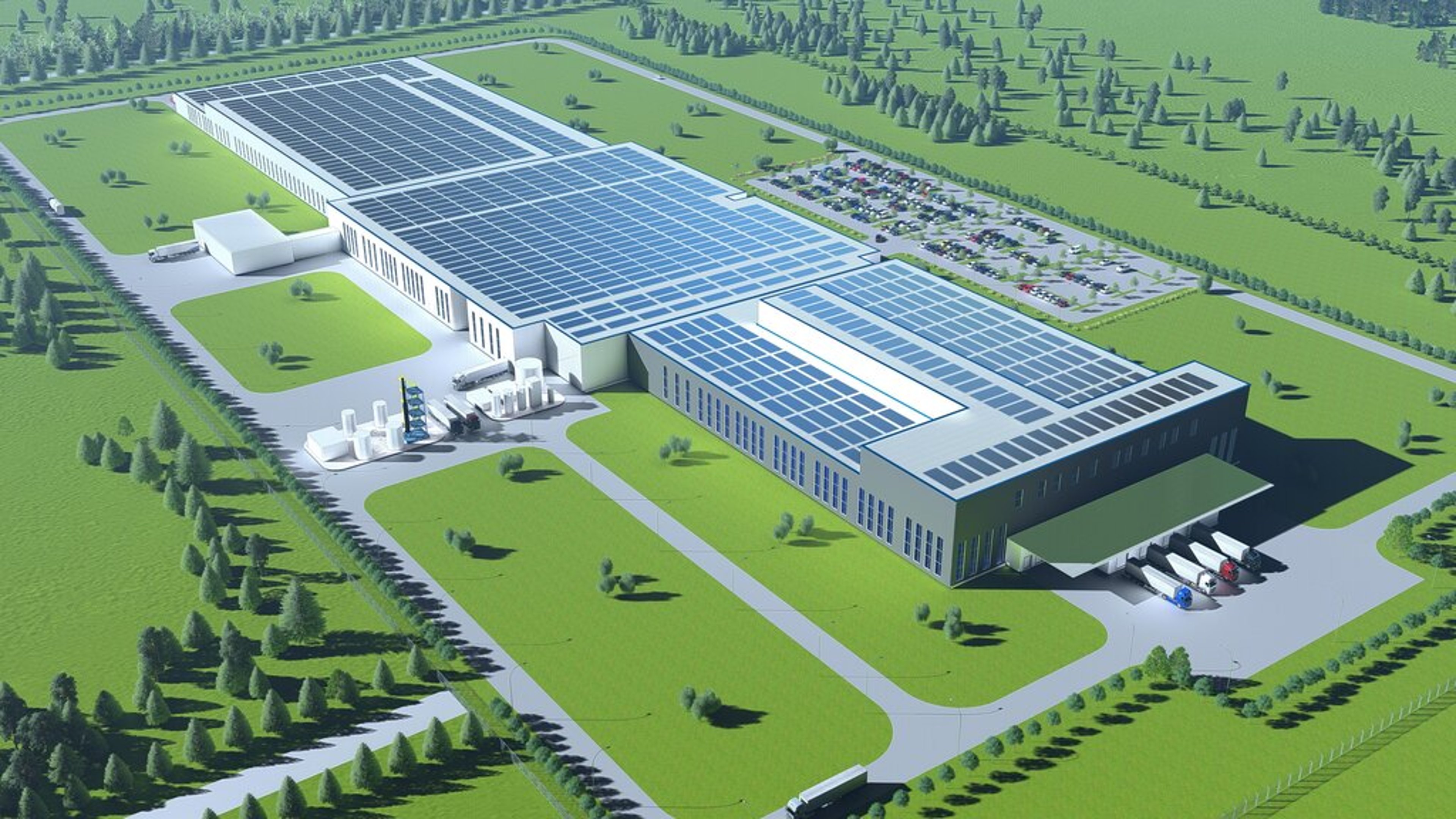 An aerial view of a large battery production facility surrounded by greenery, with solar panels covering the roof and parking lots visible nearby.