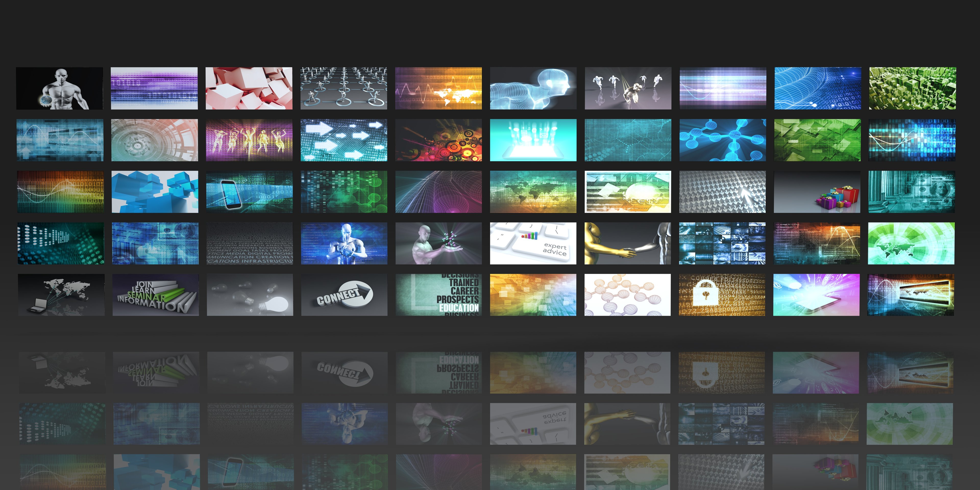 A collection of flat panel displays showcasing a variety of technological and digital graphics, reflecting advancements in information technology and multimedia.