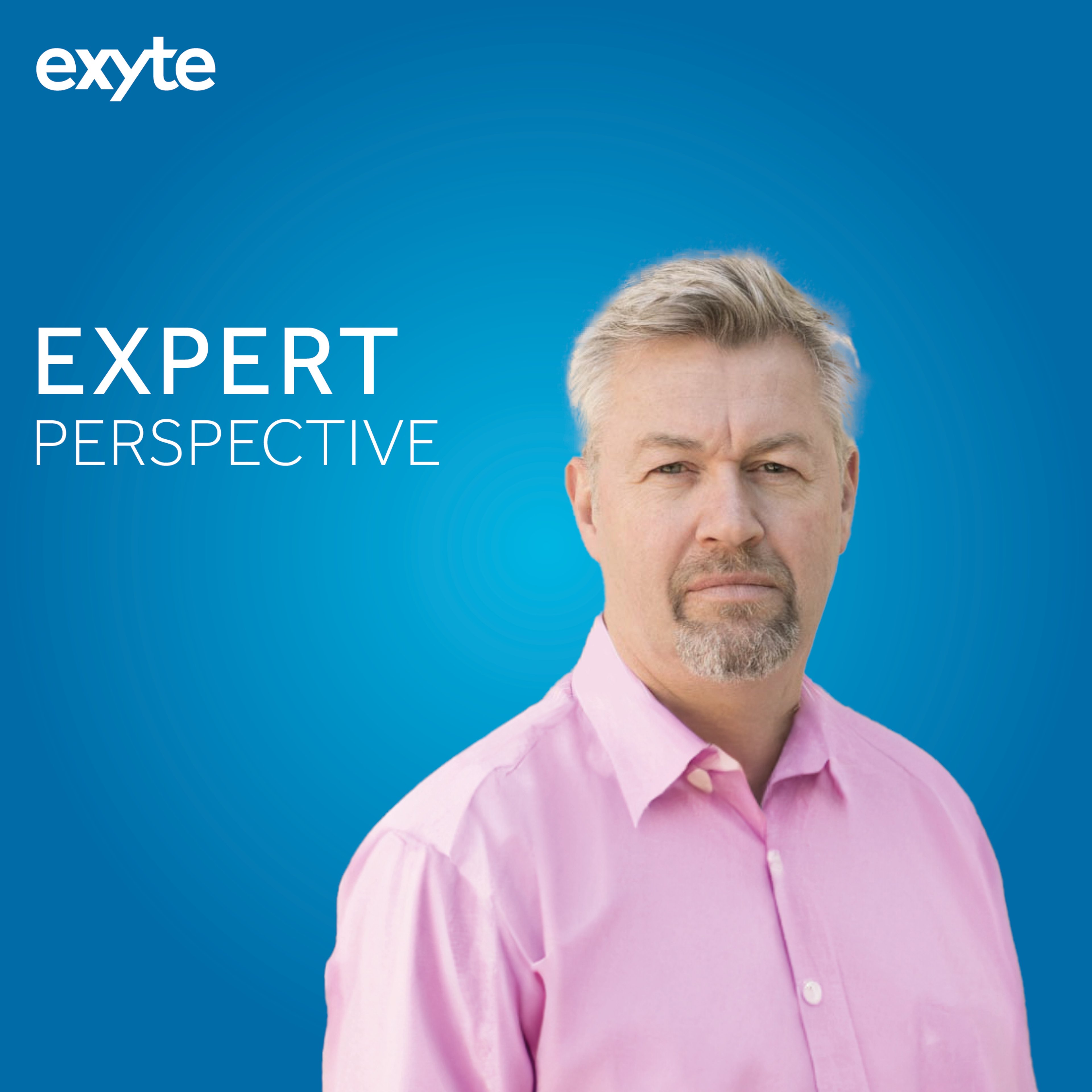 A portrait of Peter Hanson, wearing a light pink shirt, with a blue background featuring the Exyte logo and the text 'Expert Perspective'.