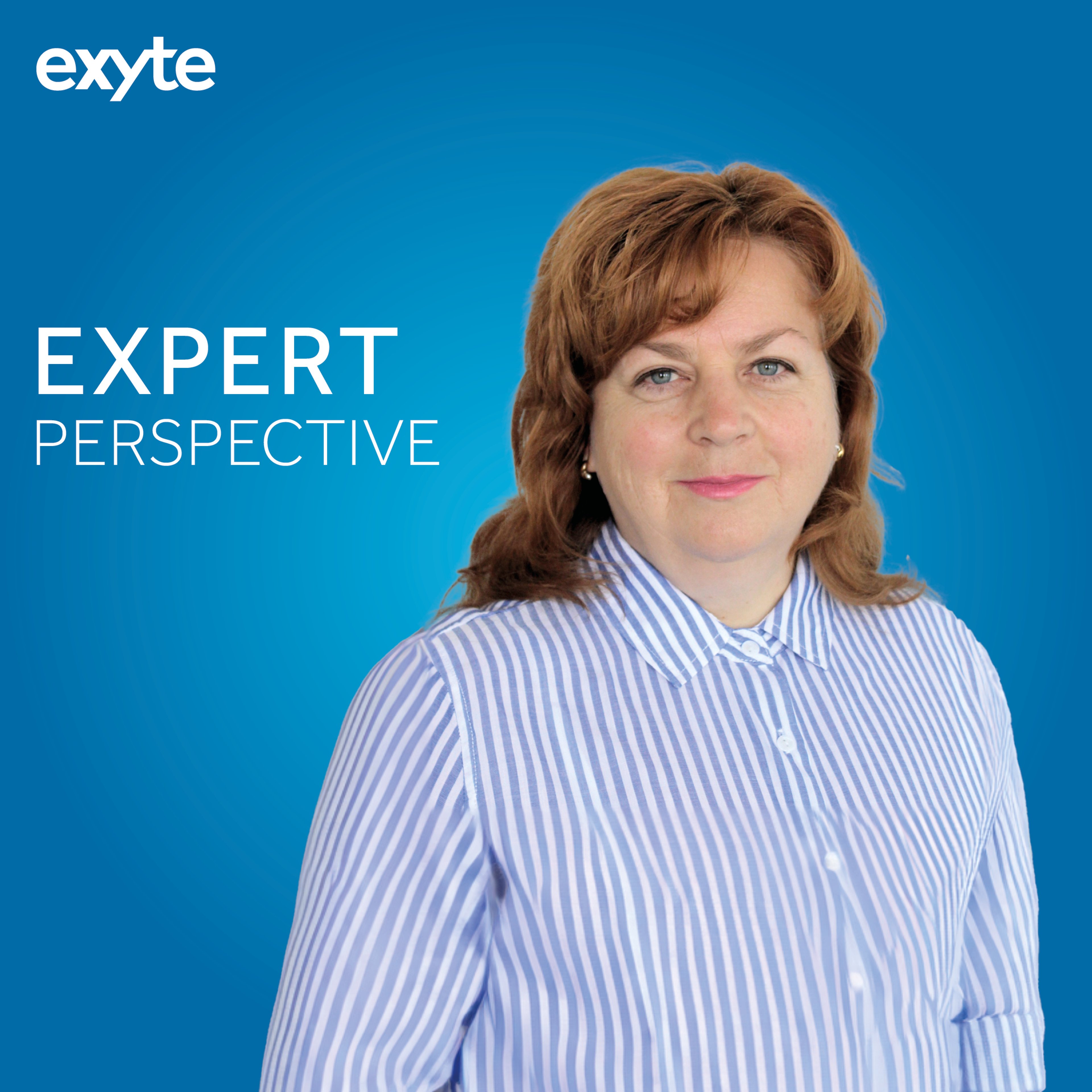 A portrait of Guergana Barabonkova, wearing a light blue striped shirt, with a blue background featuring the Exyte logo and the text 'Expert Perspective'.