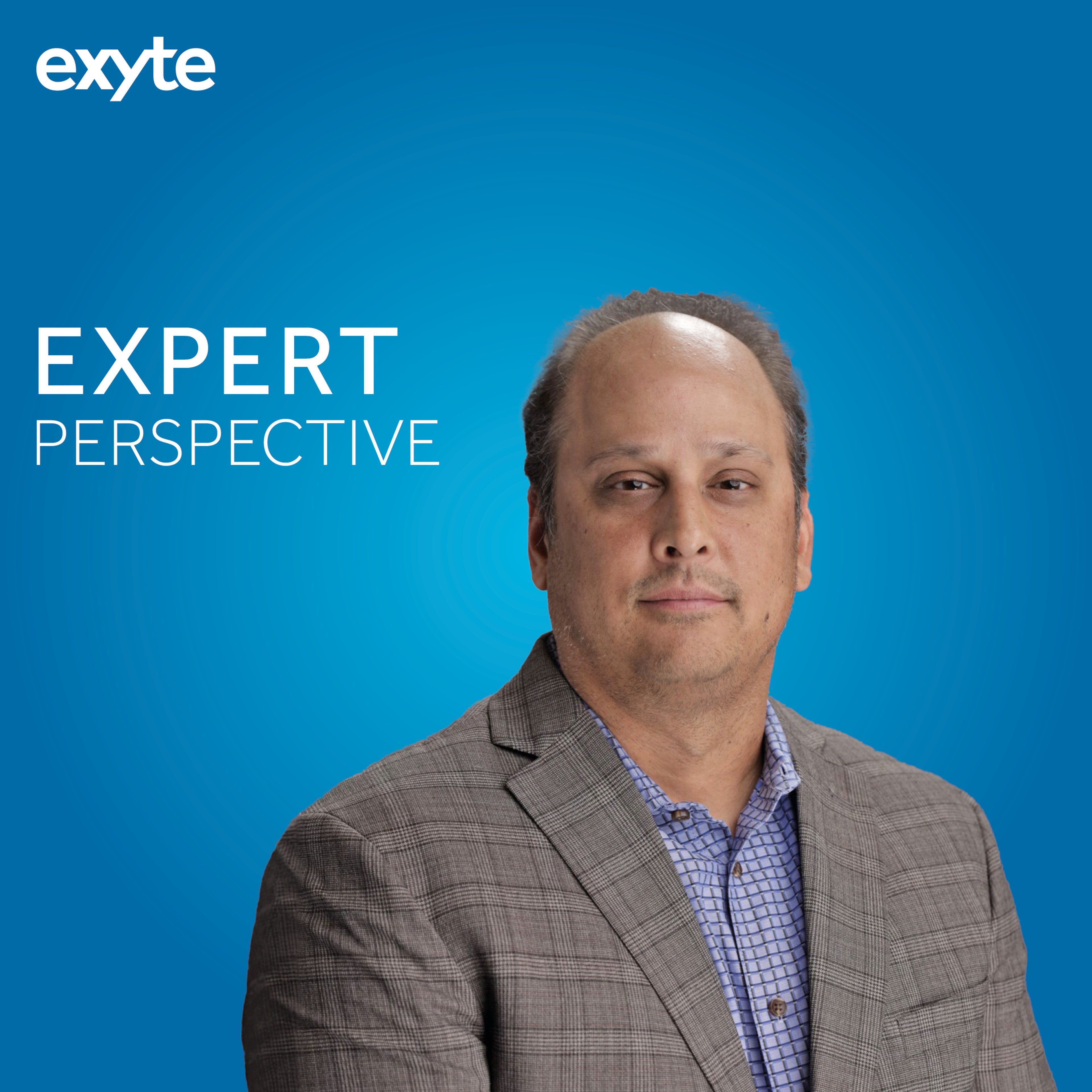 A portrait of Joel Das, wearing a plaid suit jacket and checkered shirt, with a blue background featuring the Exyte logo and the text 'Expert Perspective'.