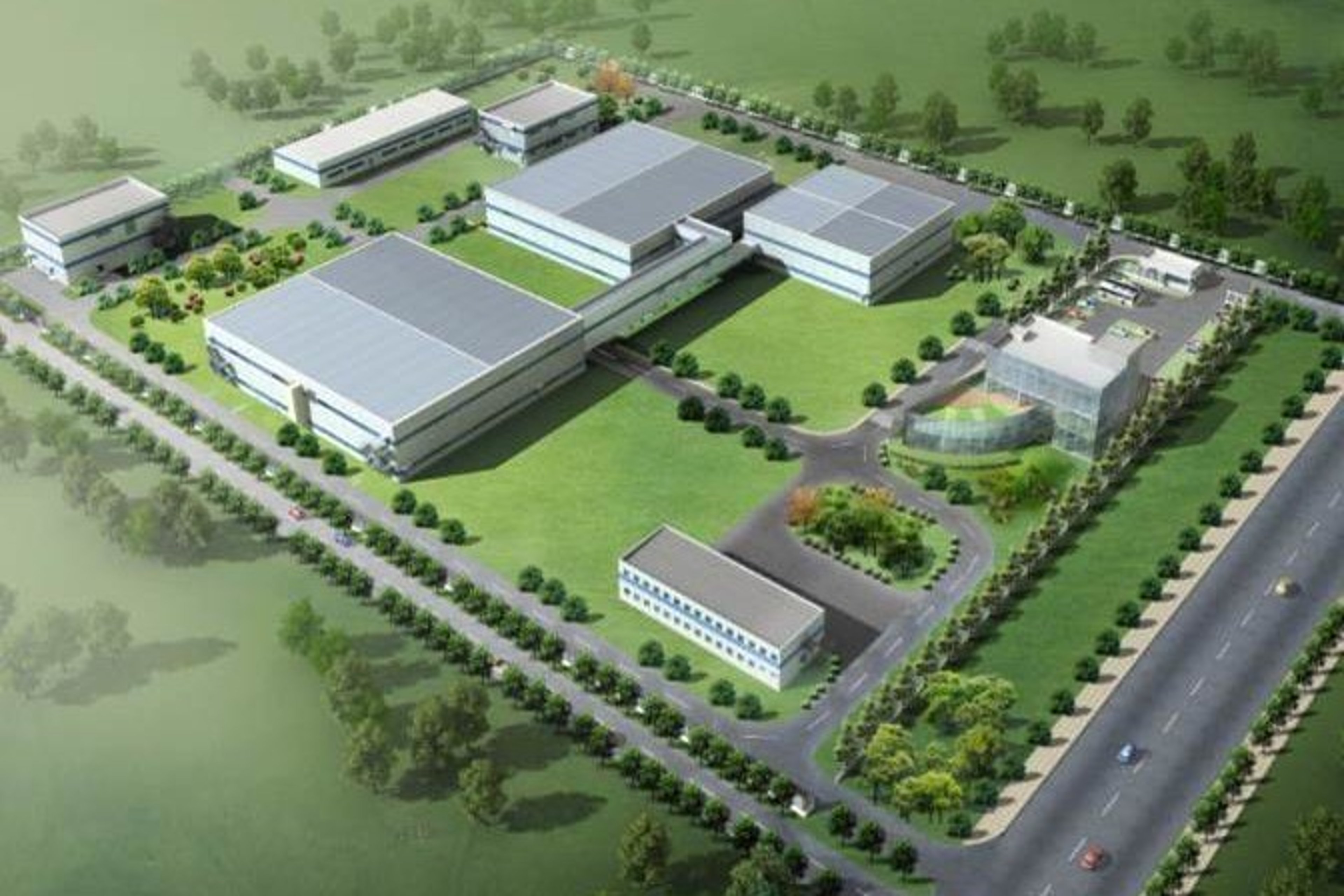 An aerial view of an animal vaccine plant in Nanchang, featuring multiple industrial buildings, green lawns, and surrounding trees, all connected by roads and pathways.
