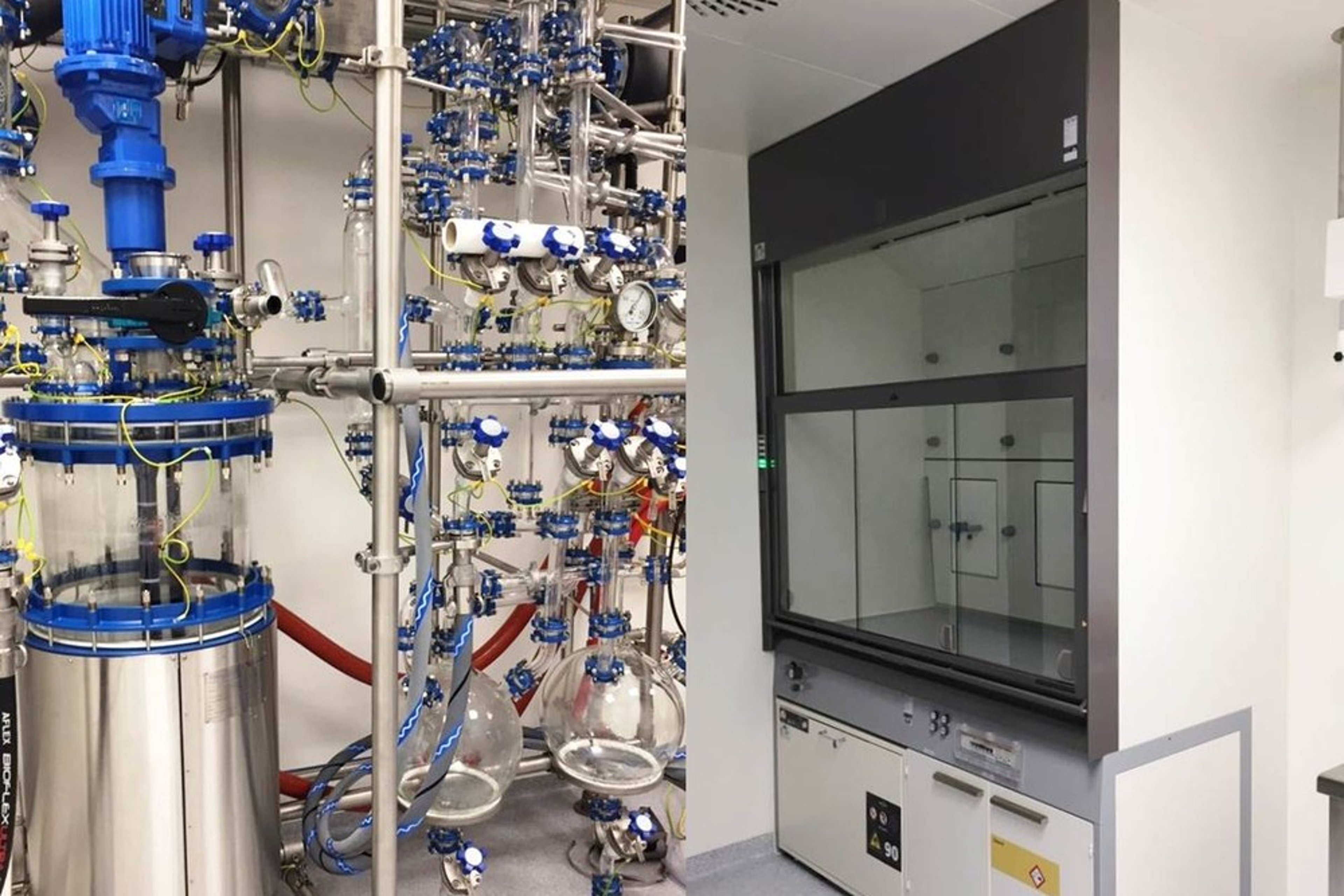 An interior view of a GMP production plant for APIs in Staad, showcasing intricate stainless steel and glass equipment for chemical processing and production.