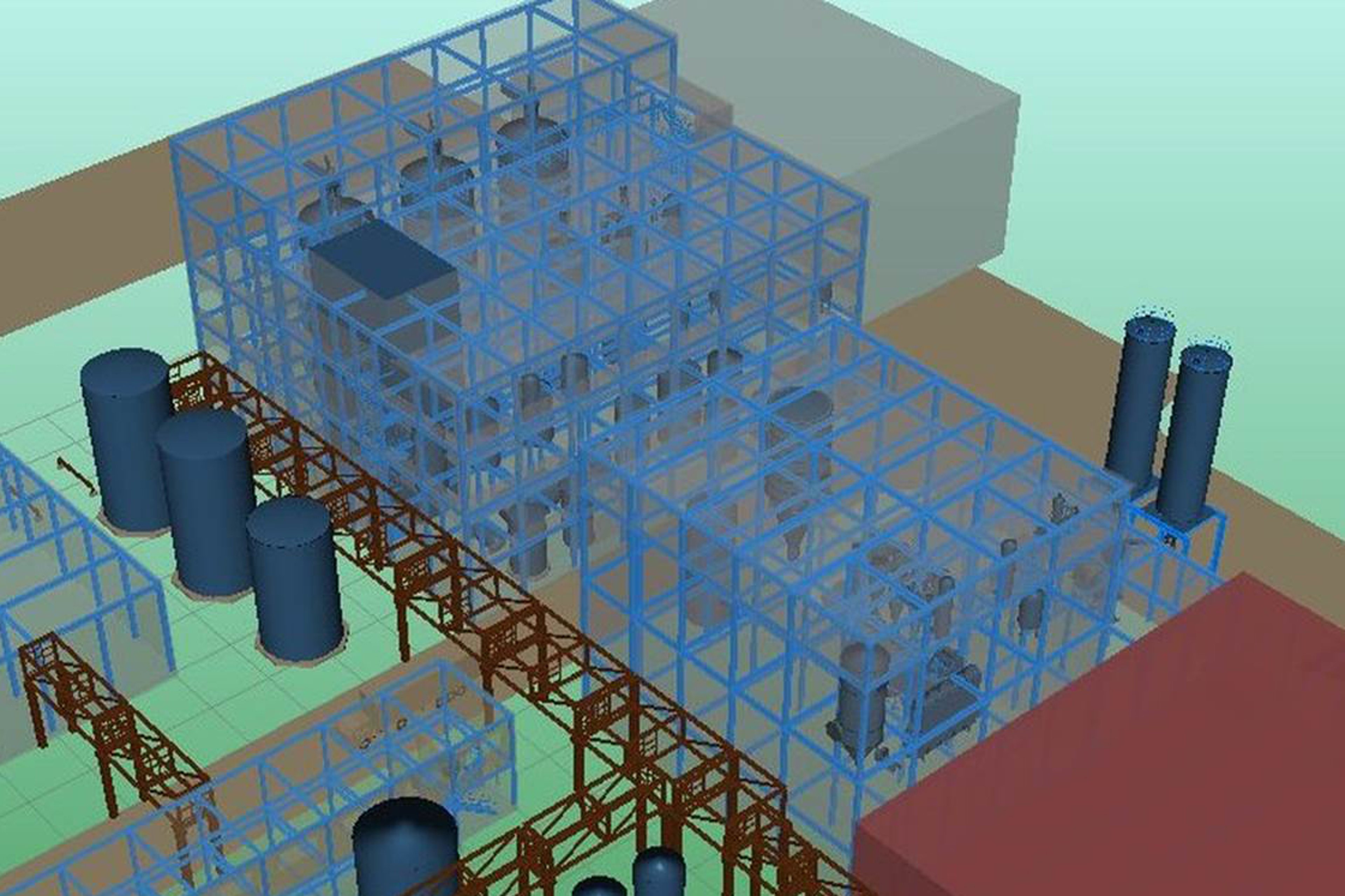 A 3D model view of a biotechnology production plant in Rostov, showing structural frameworks, tanks, and processing units in a detailed design layout.