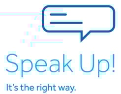 Logo of a speech bubble and the words Speak up. It's the right way