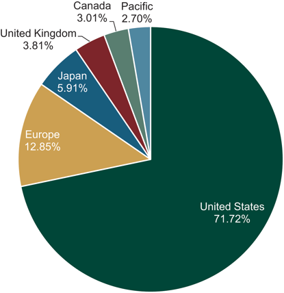 Pie chart showing the percentage each country represents of the global investment economy
