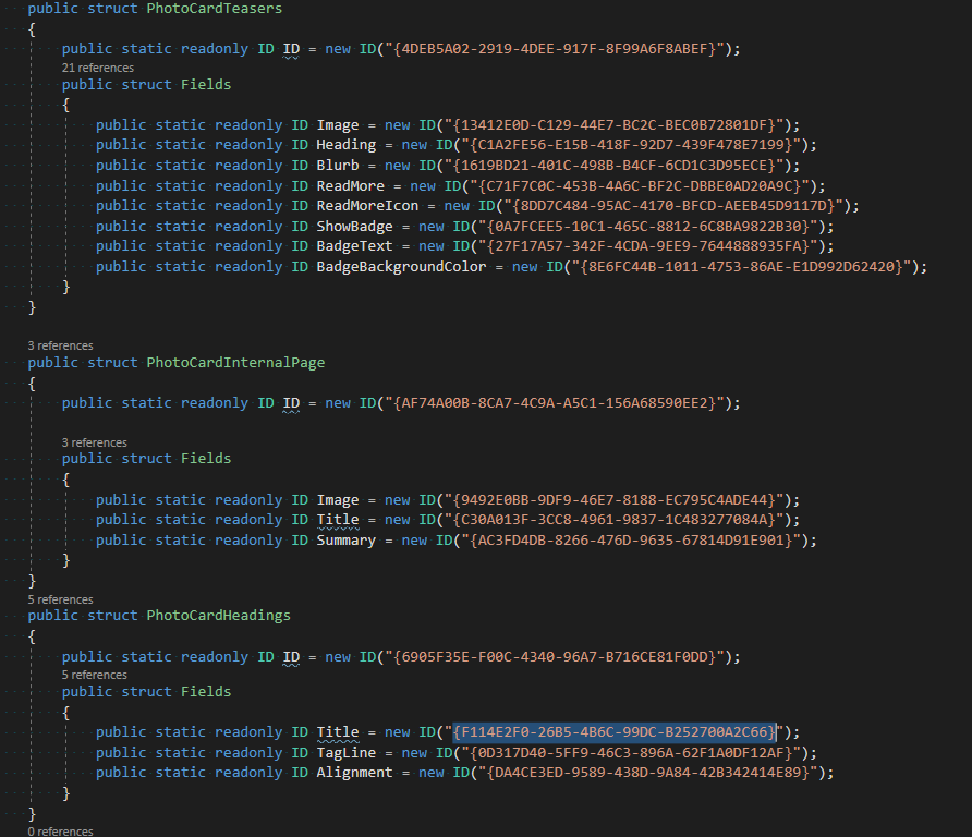Screenshot of the Templates.cs class containing all the templates ID’s as per Sitecore item ID.