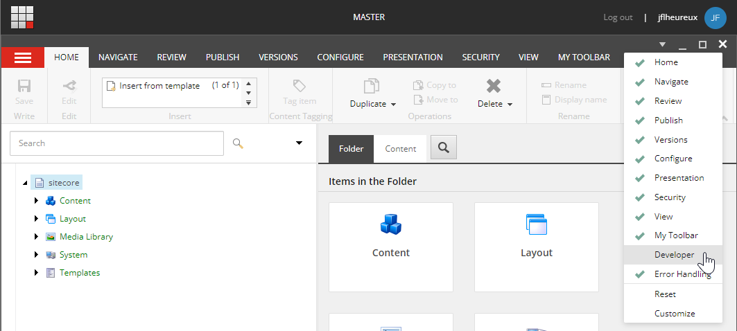 Sitecore content tree on the left with workspace showing folder contents.