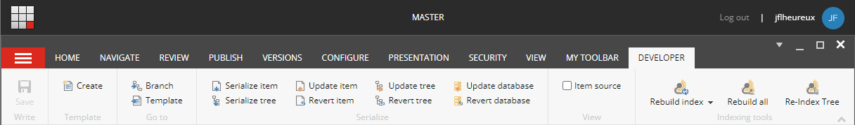 Sitecore's main toolbar with options for home, navigate, publish, and developer tools.