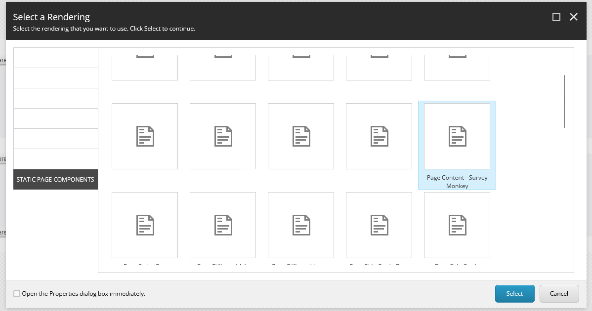A CMS rendering selection screen highlighting 'Page Content - Survey Monkey.'